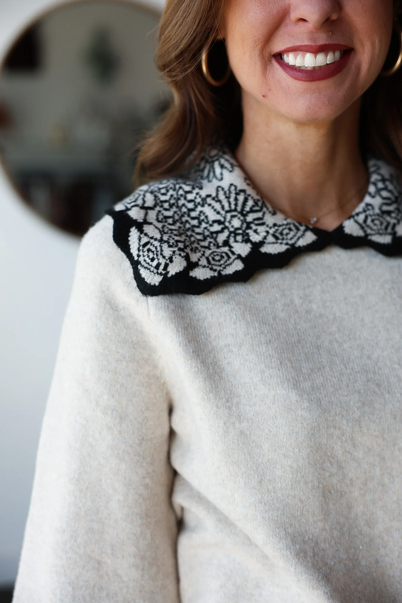 Pattern Collar Knit Top - Cream - Image 8