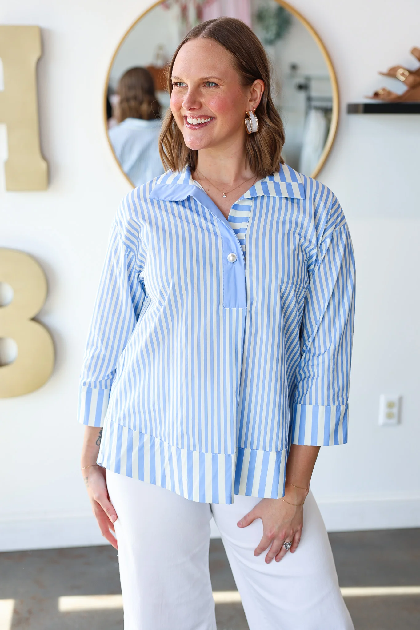 Pearl Button Striped Top - Blue