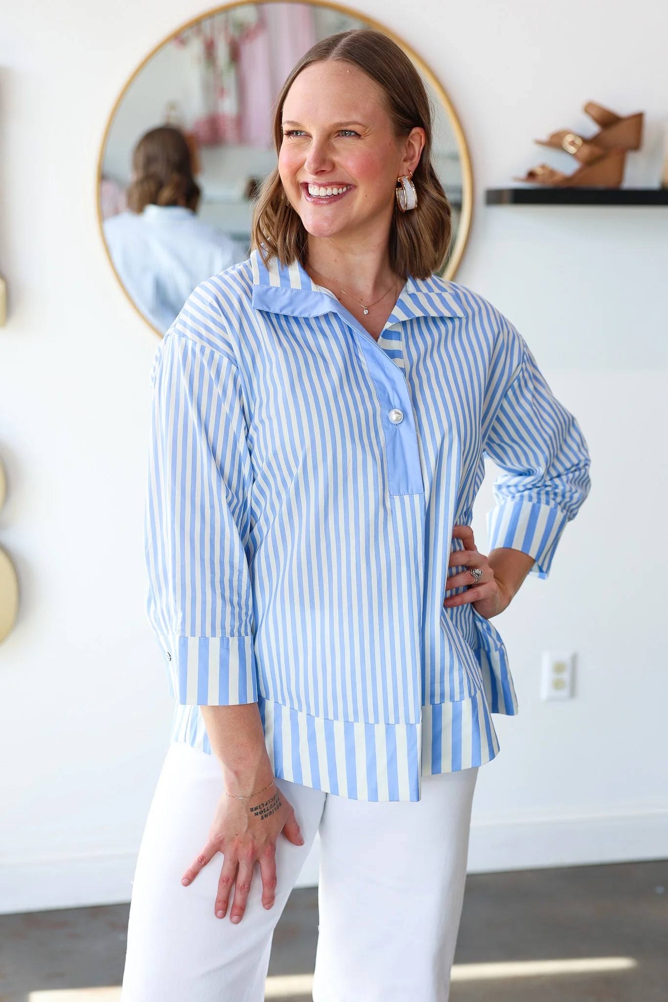 Pearl Button Striped Top - Blue - Image 3