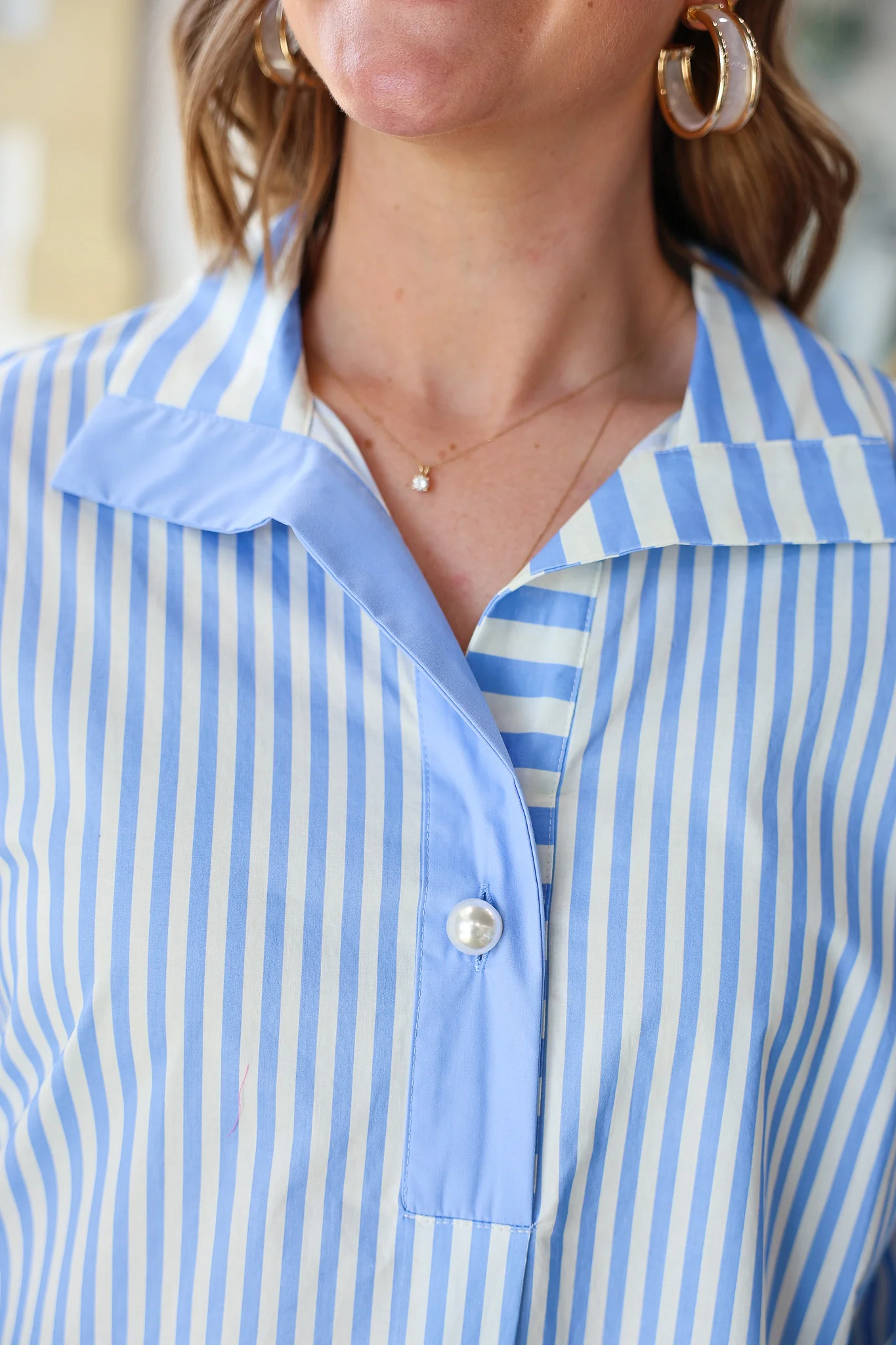 Pearl Button Striped Top - Blue - Image 7