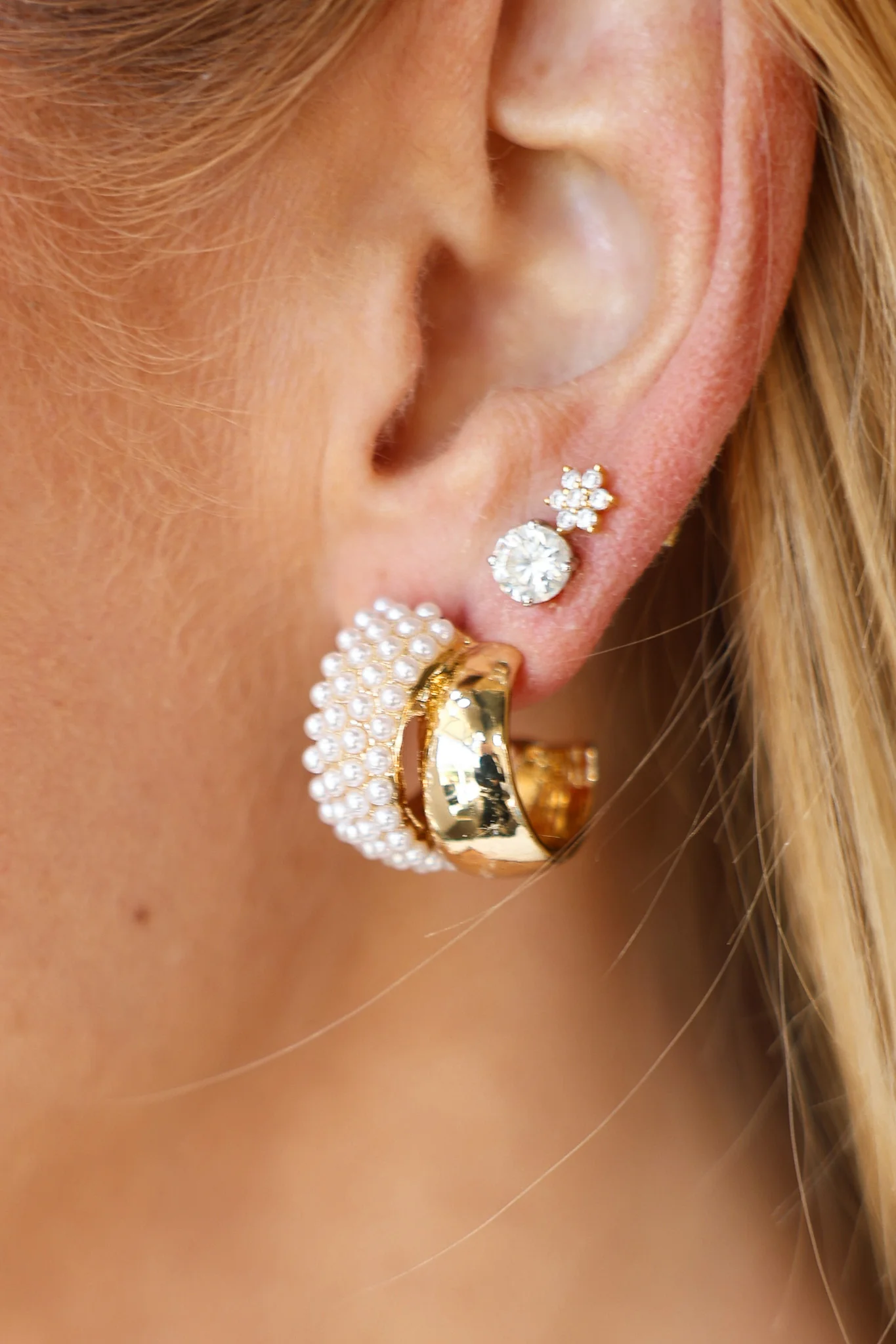 Pearl Pave + Gold Double Hoops - Image 3