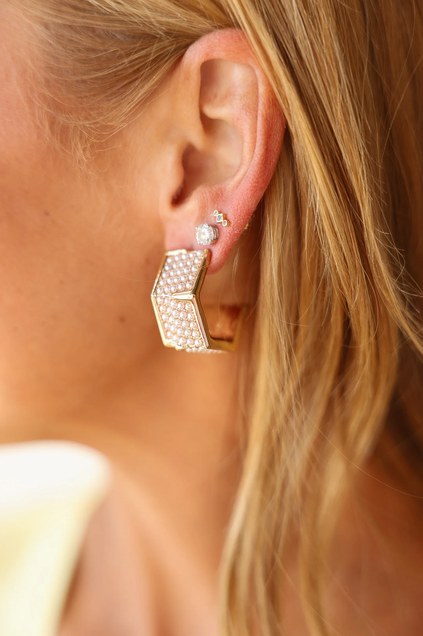Pearl Paved Hexagon Hoops - Image 3
