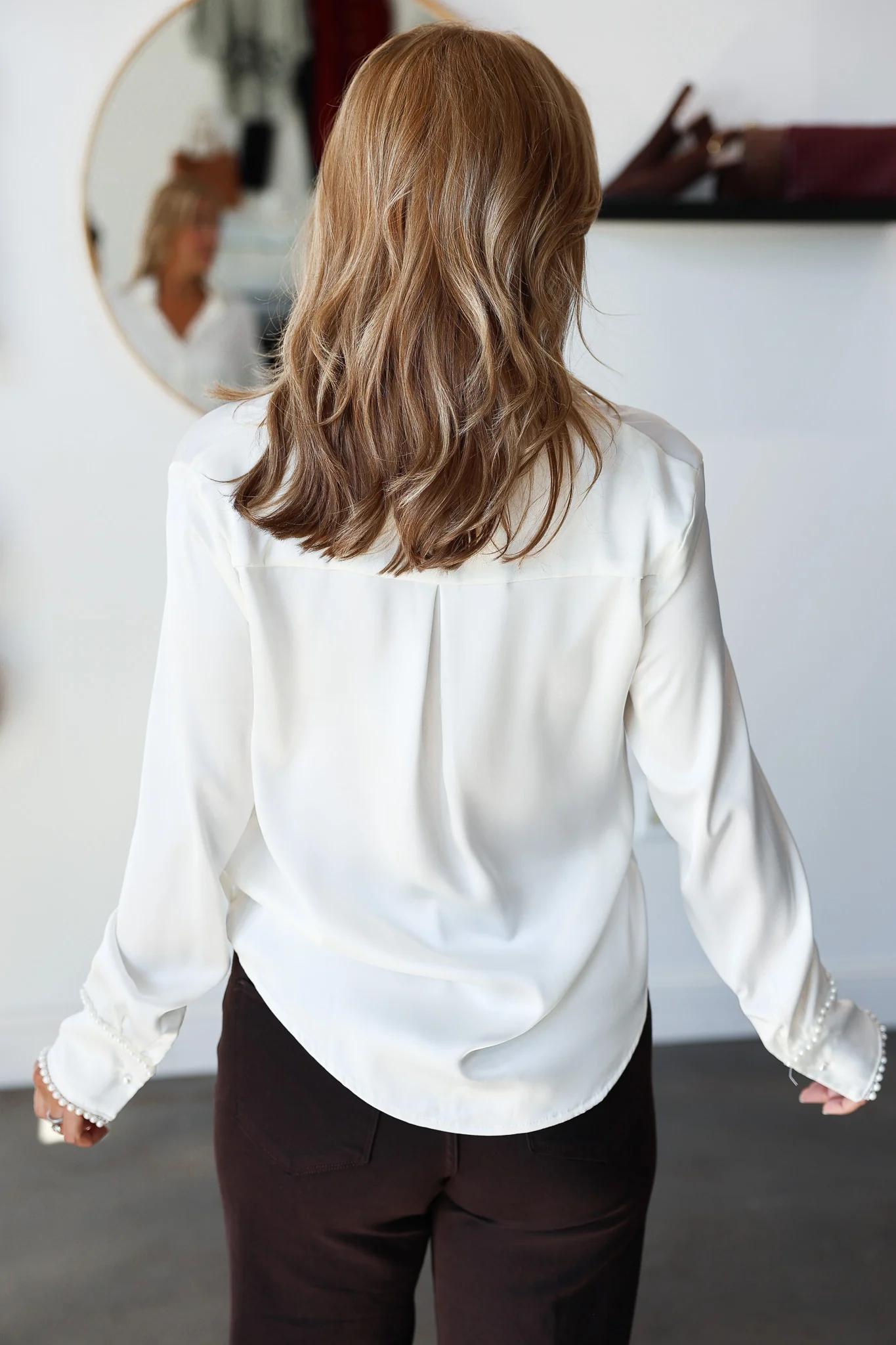 Pearl Trim Satin Button Down - White - Image 8