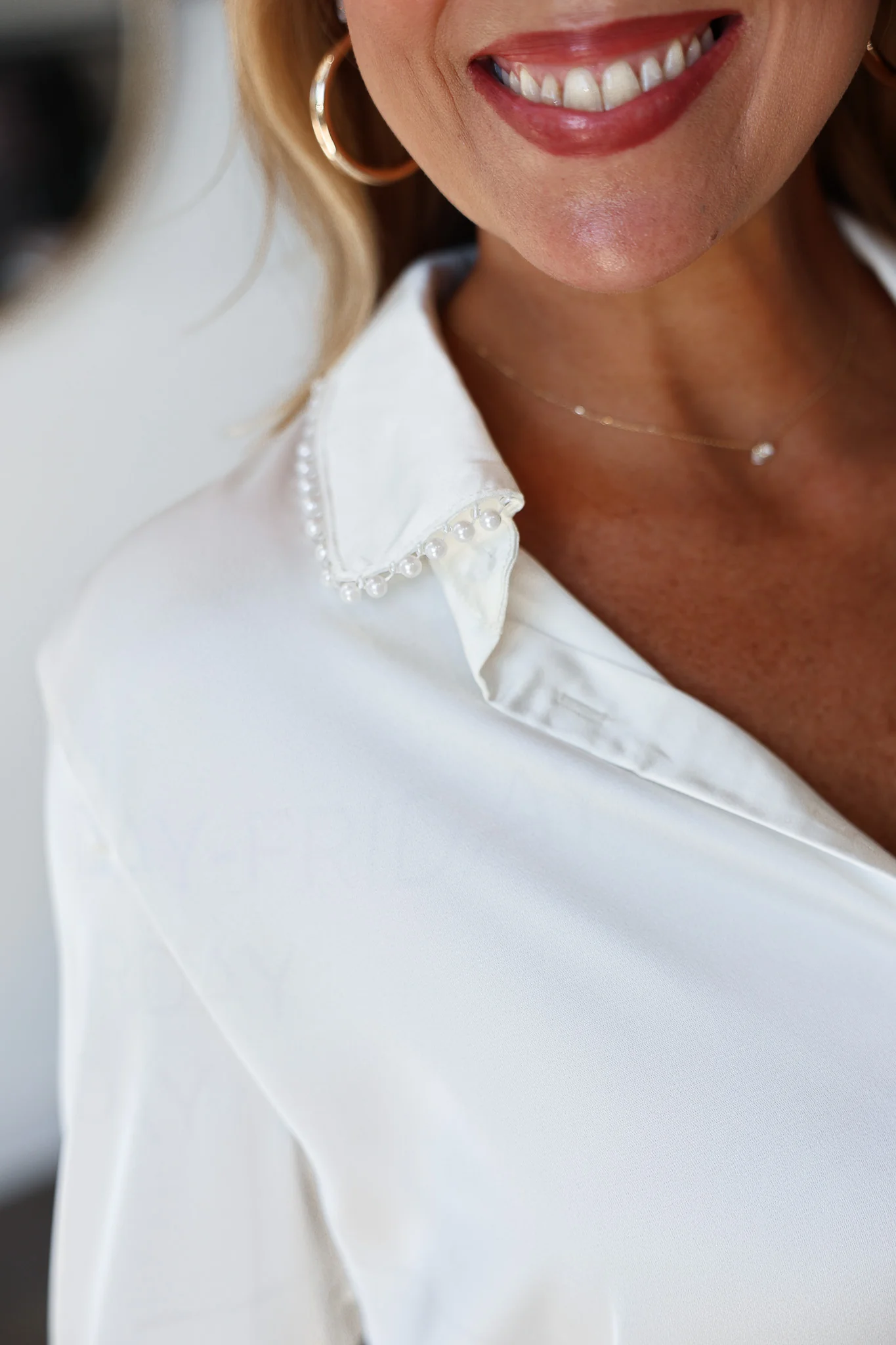 Pearl Trim Satin Button Down - White - Image 9
