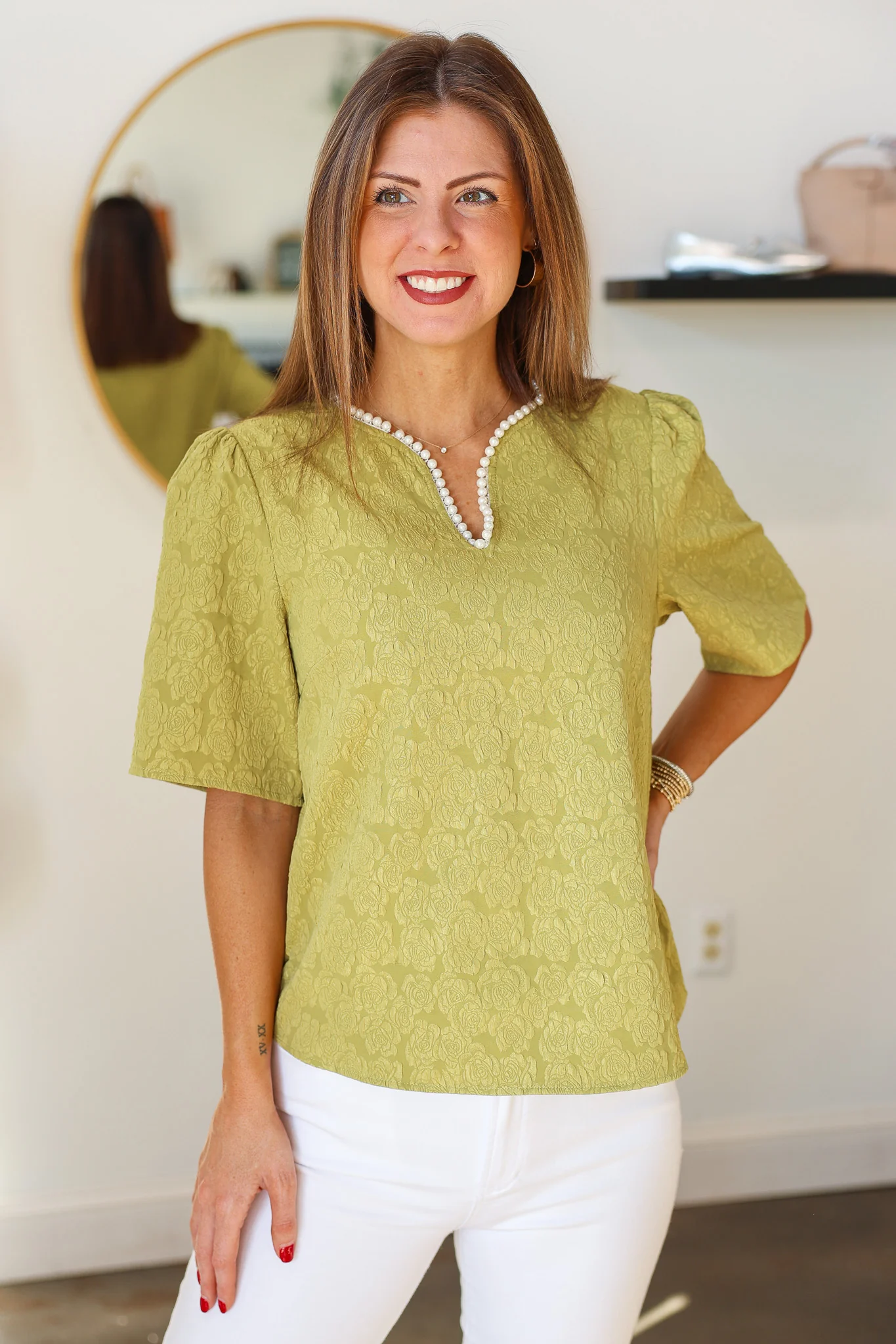Pearl Trim Textured Top - Kiwi - Image 2
