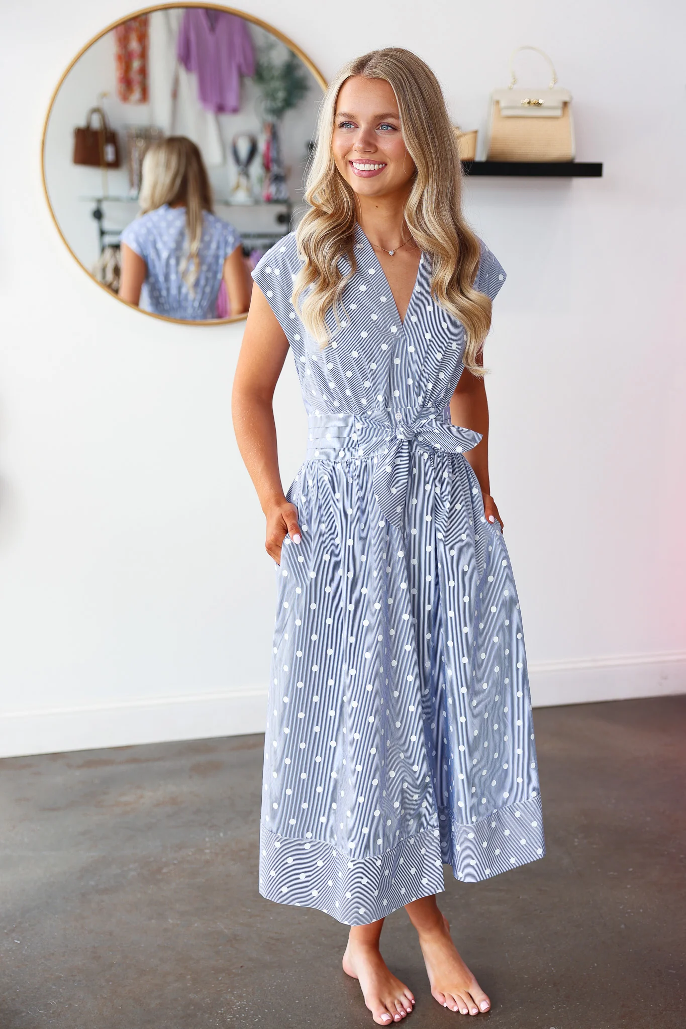 Pinstripe Polka Dot Midi Dress - Blue