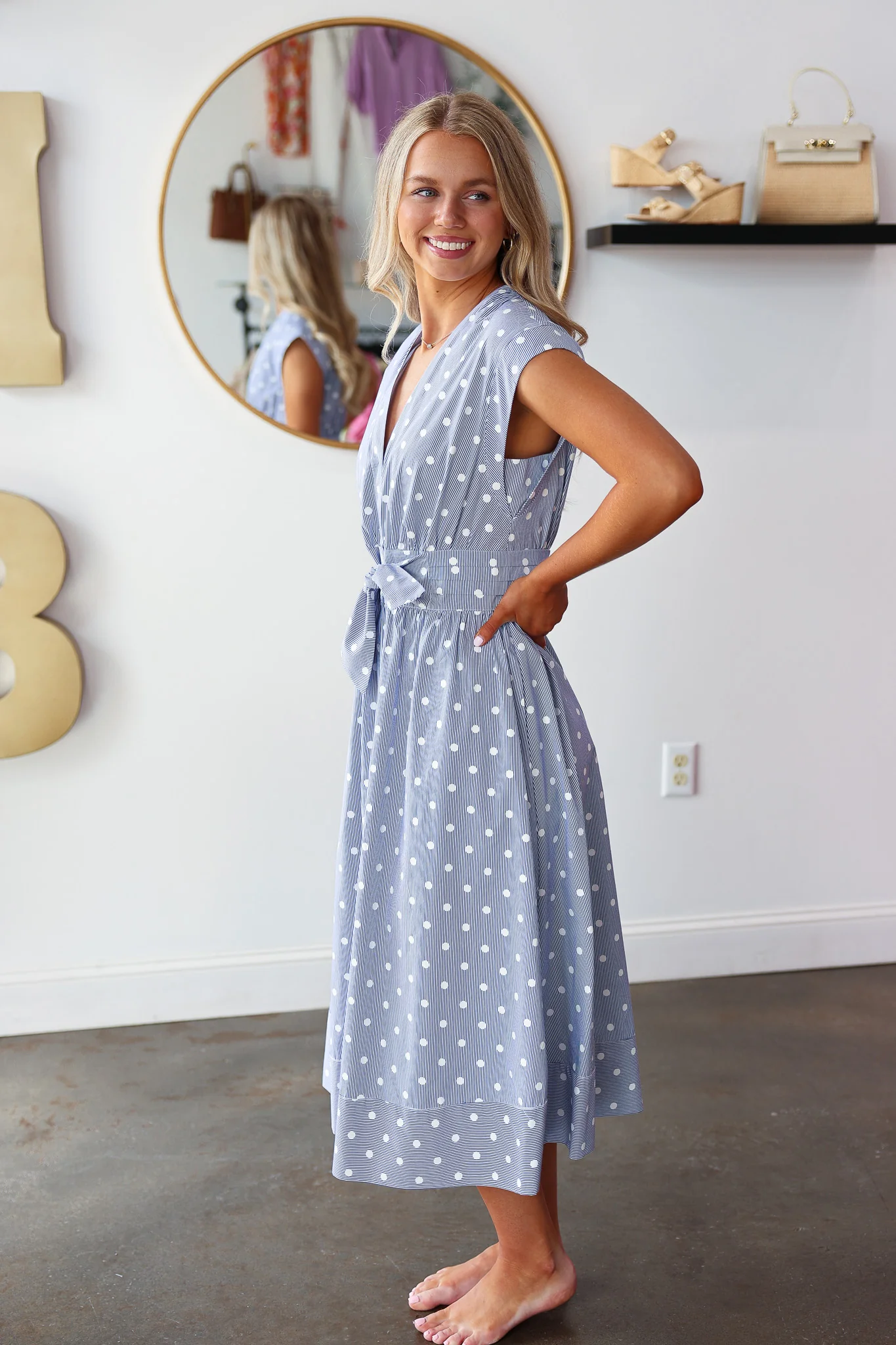 Pinstripe Polka Dot Midi Dress - Blue - Image 6