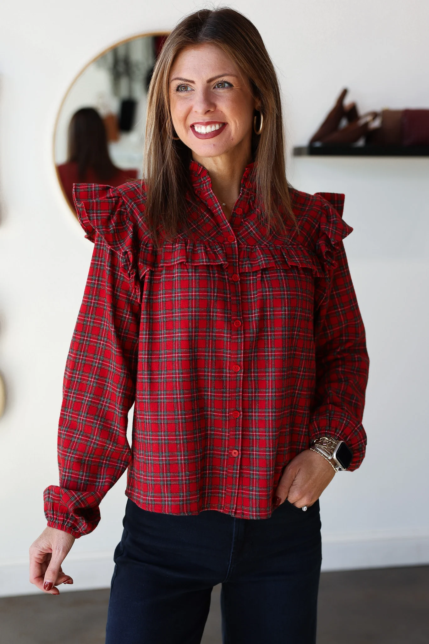 Plaid Ruffle Blouse - Red - Image 2