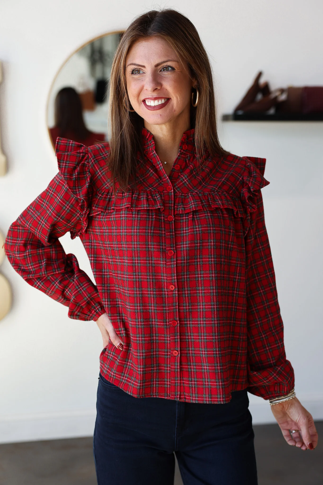 Plaid Ruffle Blouse - Red - Image 3