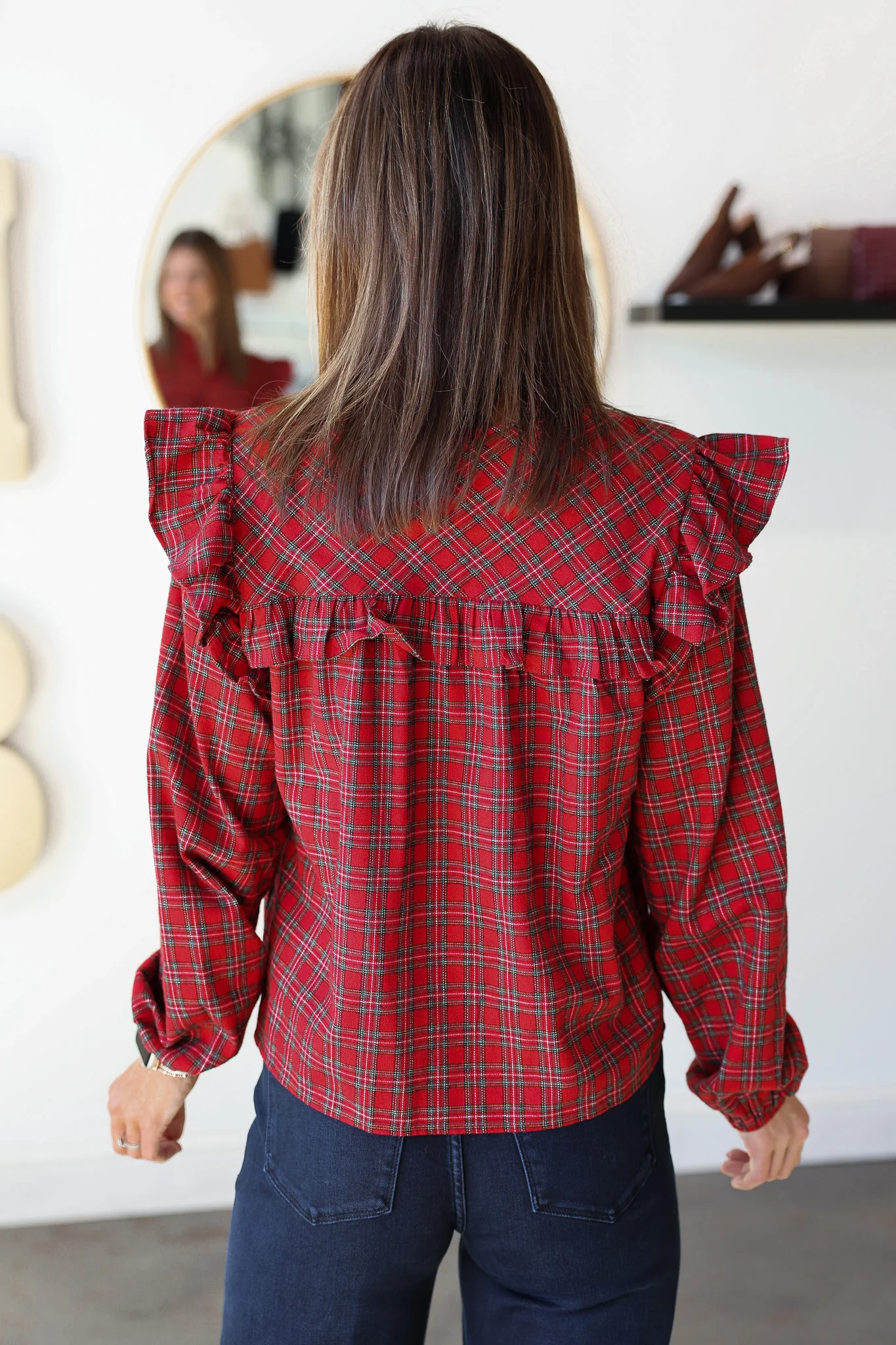Plaid Ruffle Blouse - Red - Image 4
