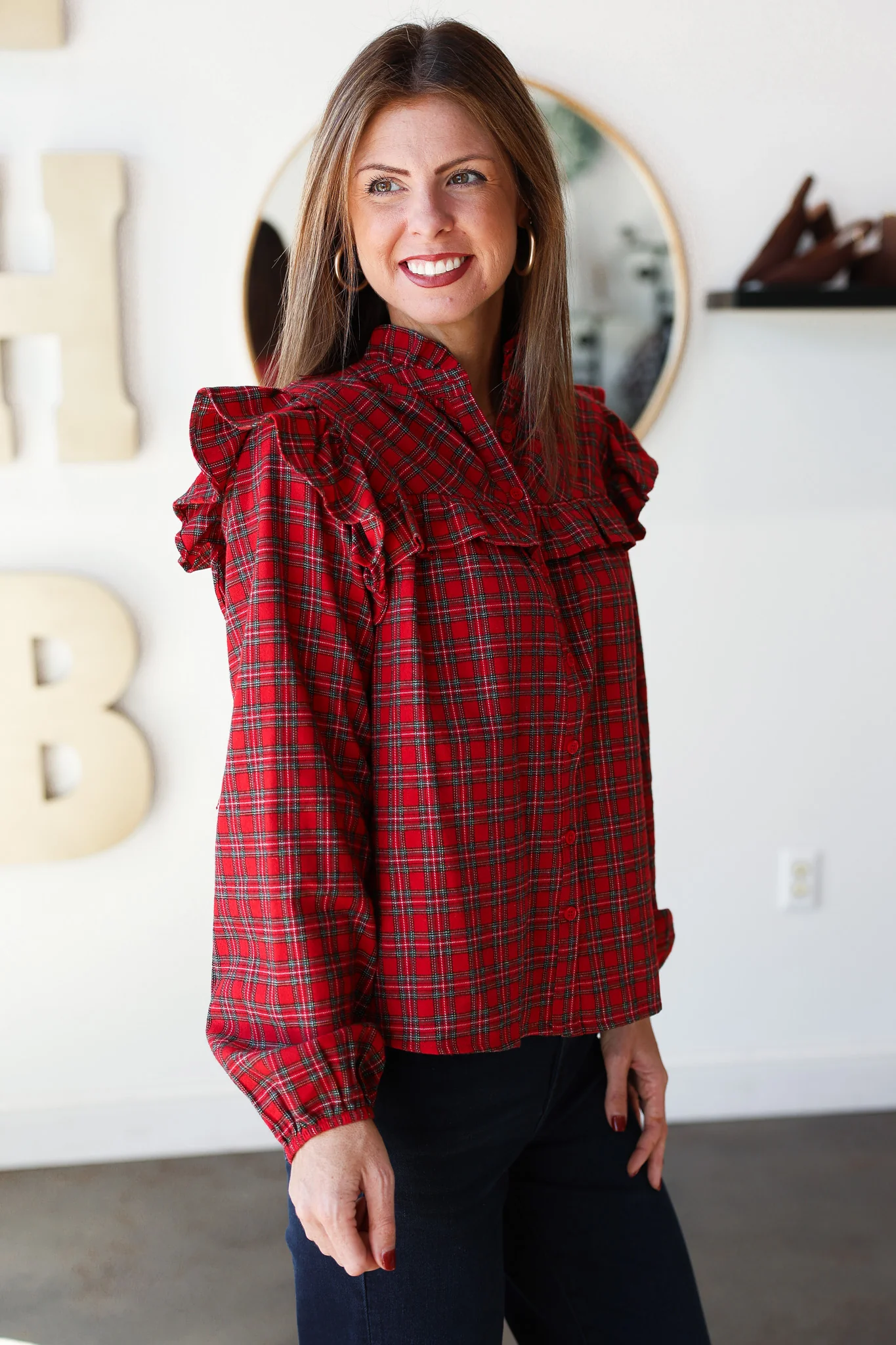Plaid Ruffle Blouse - Red - Image 5