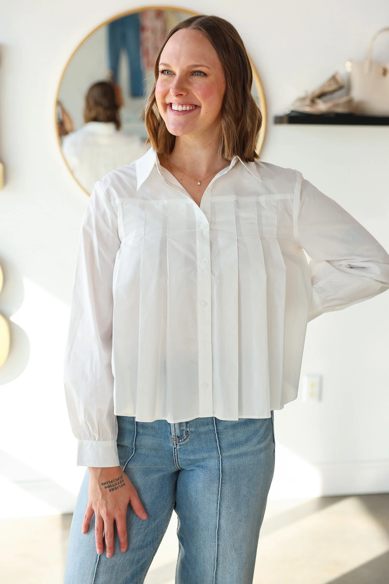 Pleated Button Down Top - White - Image 2