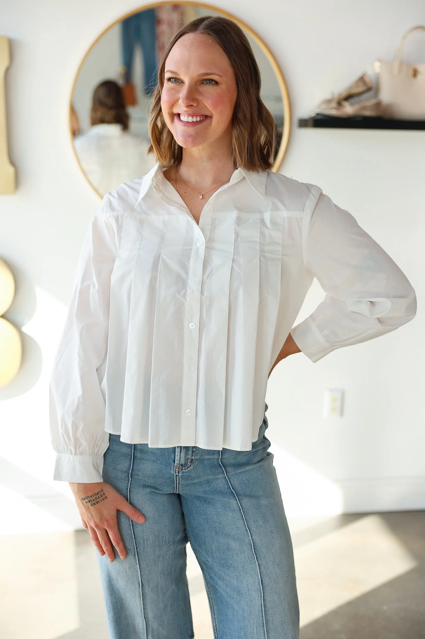Pleated Button Down Top - White - Image 3