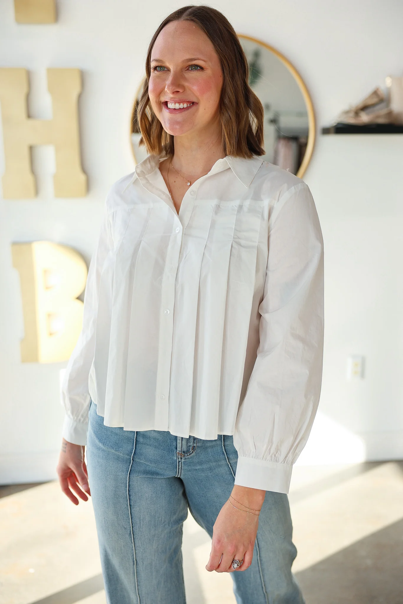 Pleated Button Down Top - White - Image 4