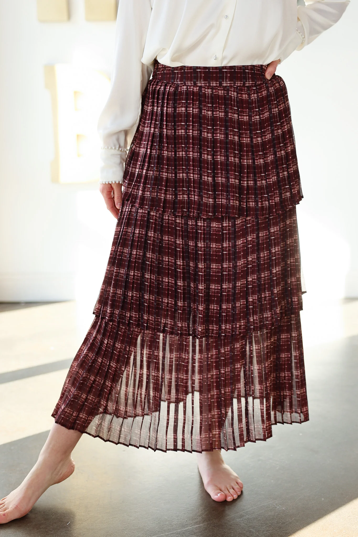 Pleated Tiered Skirt - Burgundy - Image 5