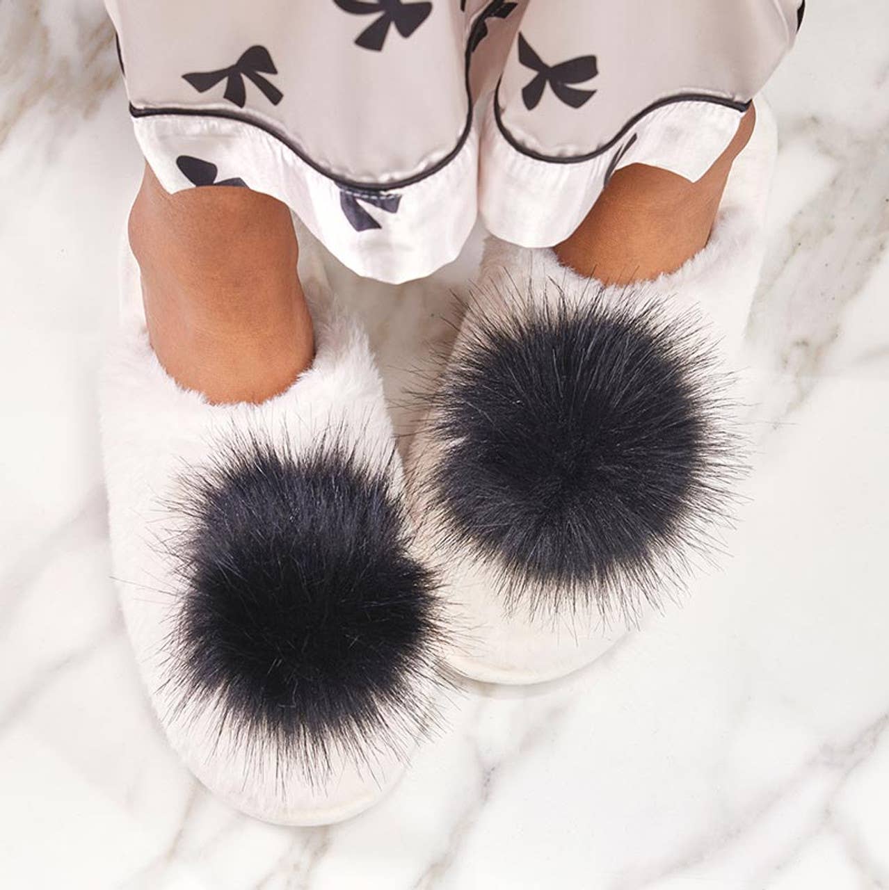 Plush Pom Pom Slippers - Ivory/Black - Image 3