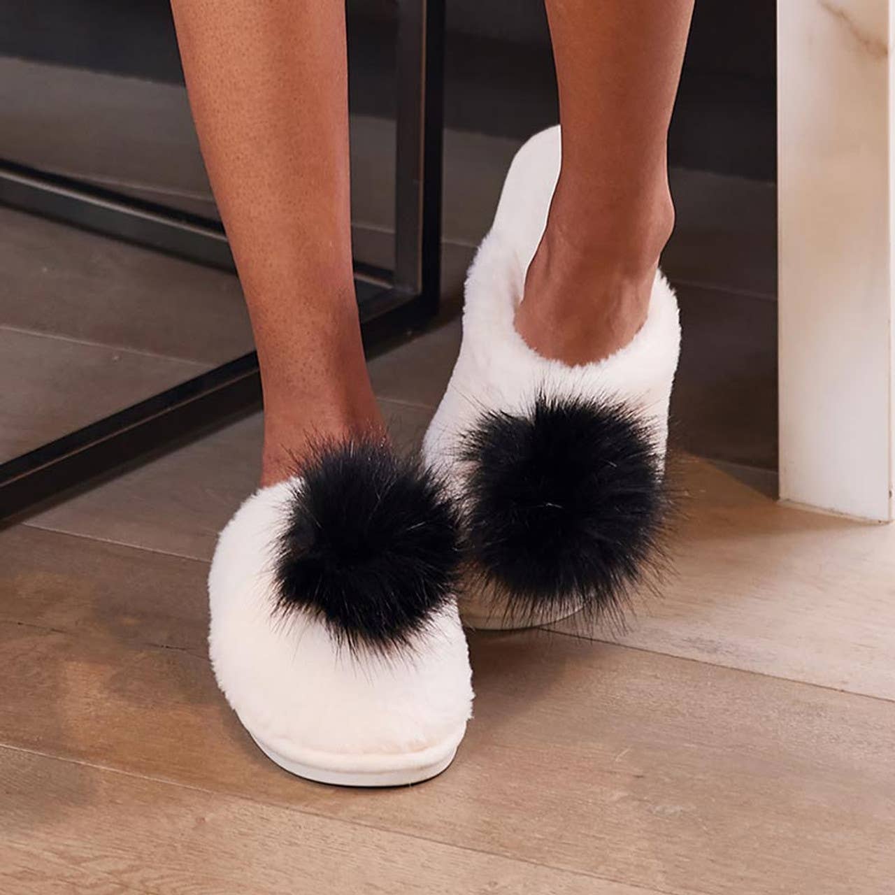 Plush Pom Pom Slippers - Ivory/Black - Image 4