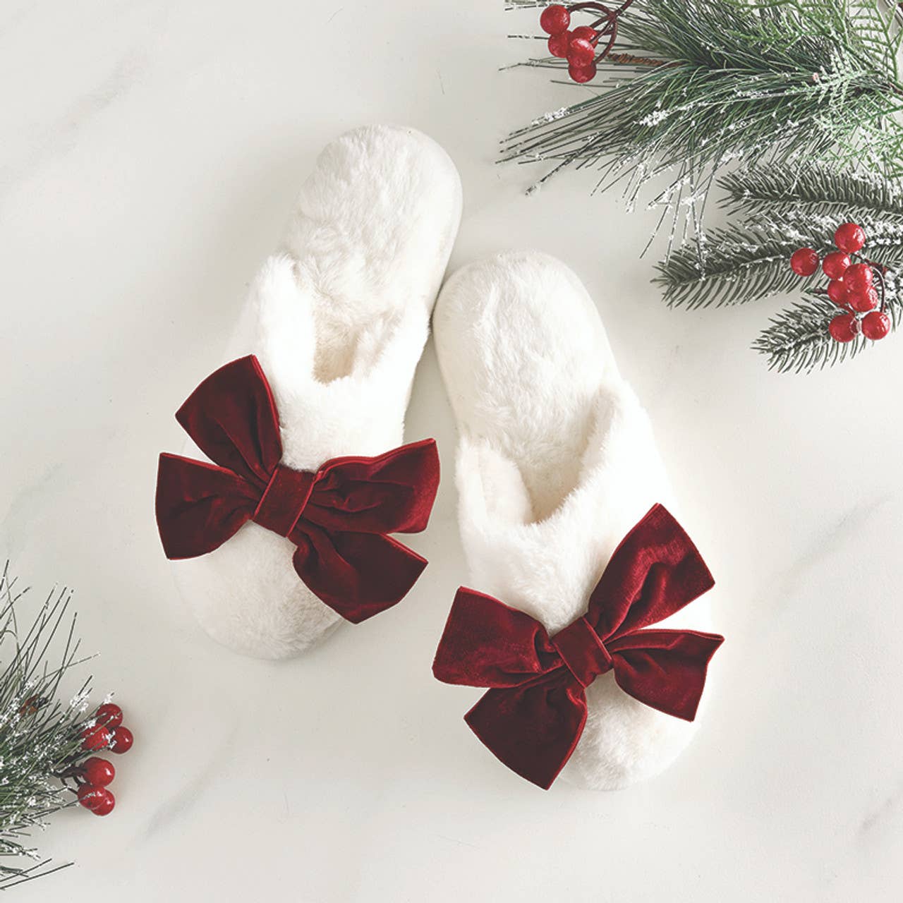 Plush Velvet Bow Slippers - Ivory + Burgundy - Image 3