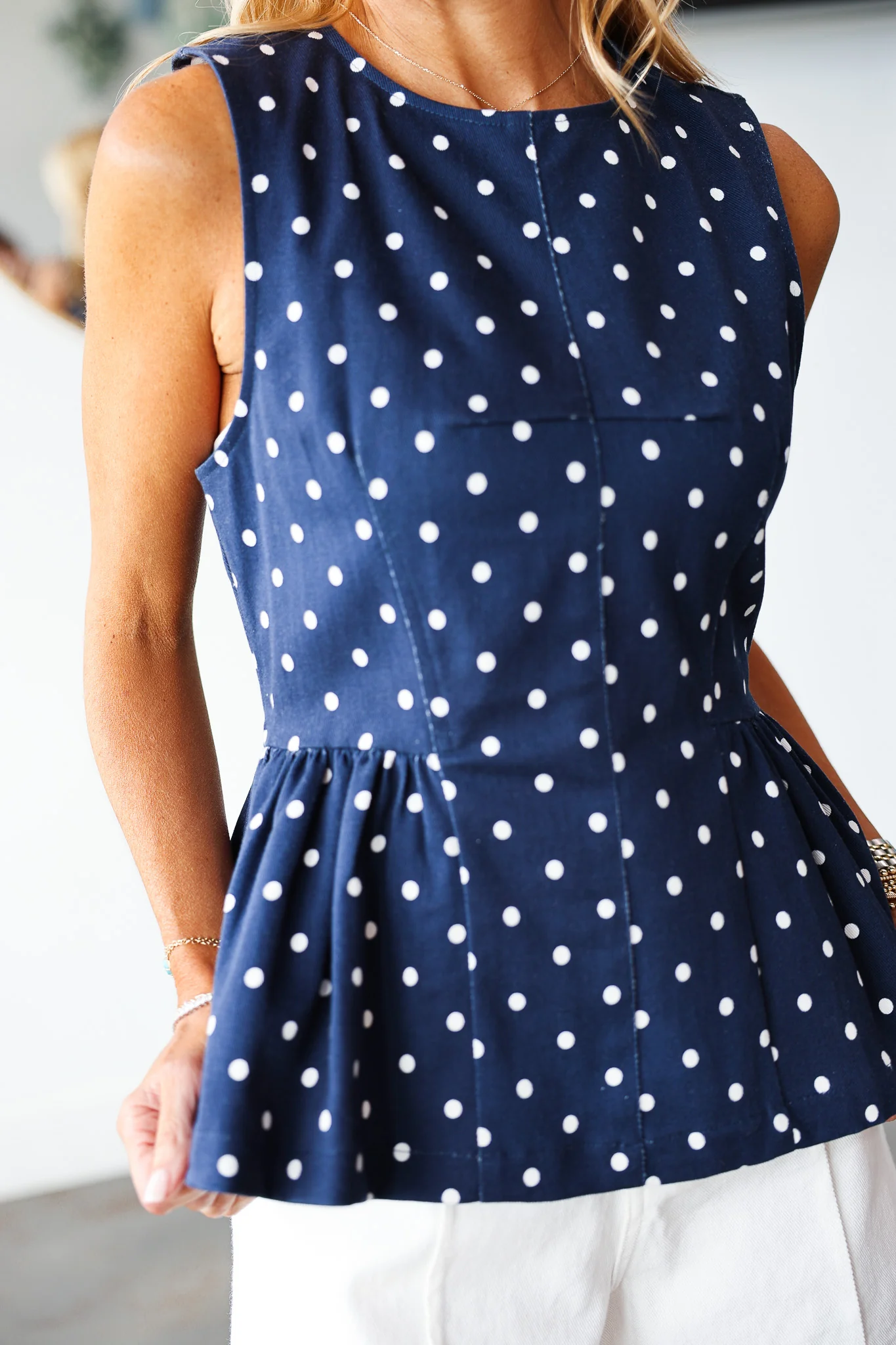 Polka Dot Peplum Top - Navy - Image 2