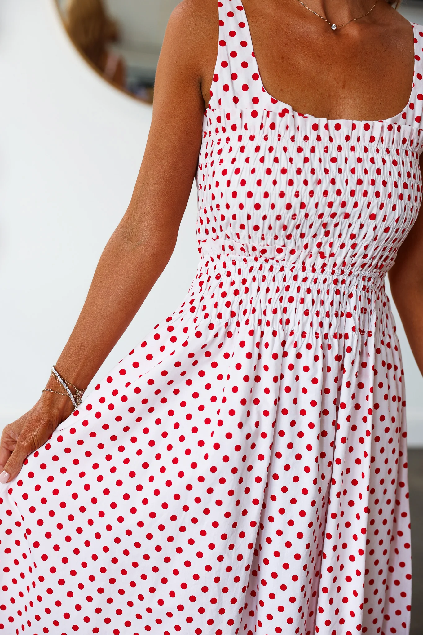Polka Dot Smocked Dress - Red - Image 2