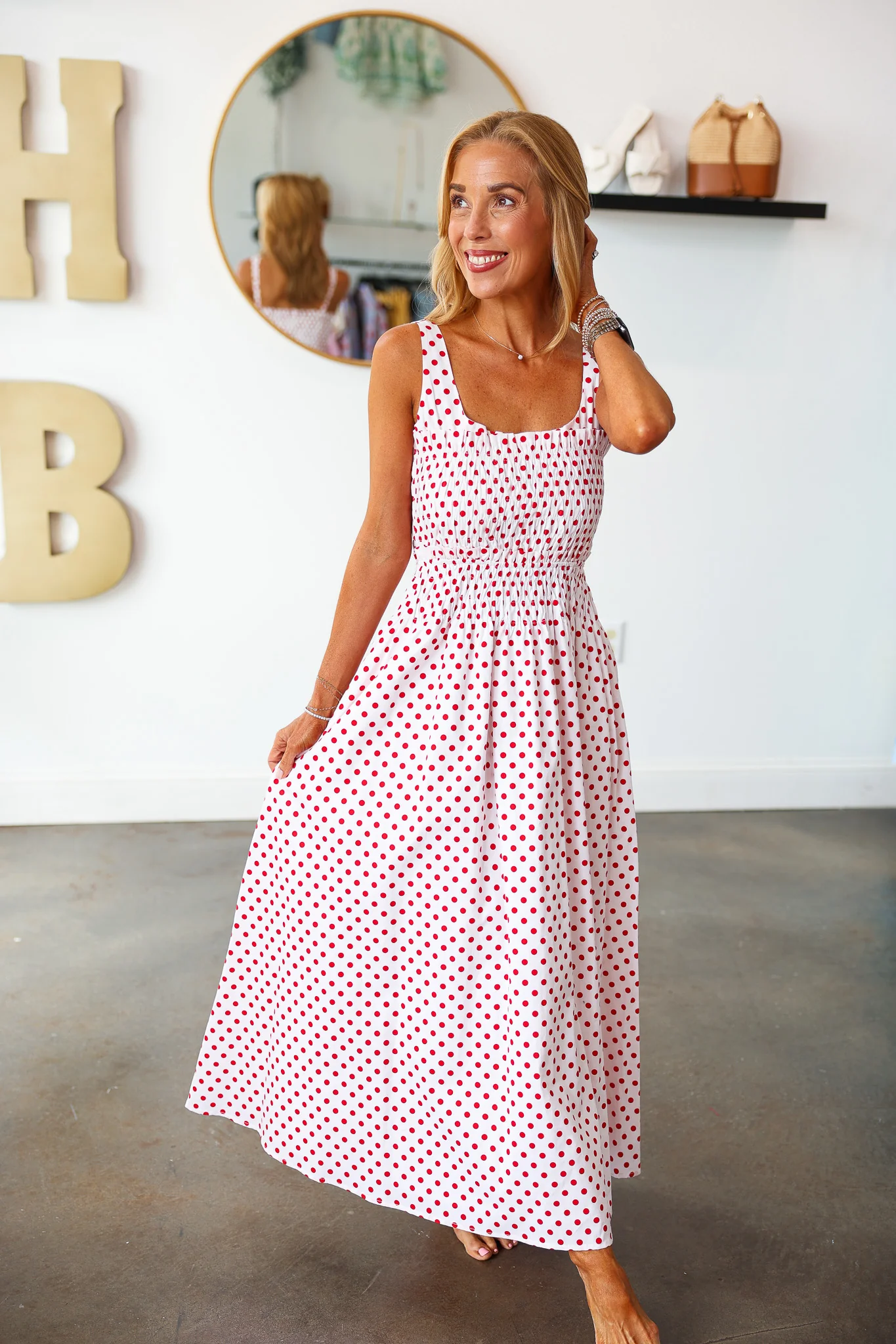 Polka Dot Smocked Dress - Red - Image 4