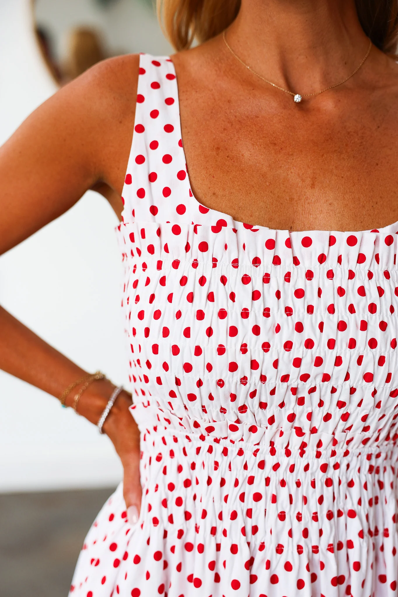 Polka Dot Smocked Dress - Red - Image 7