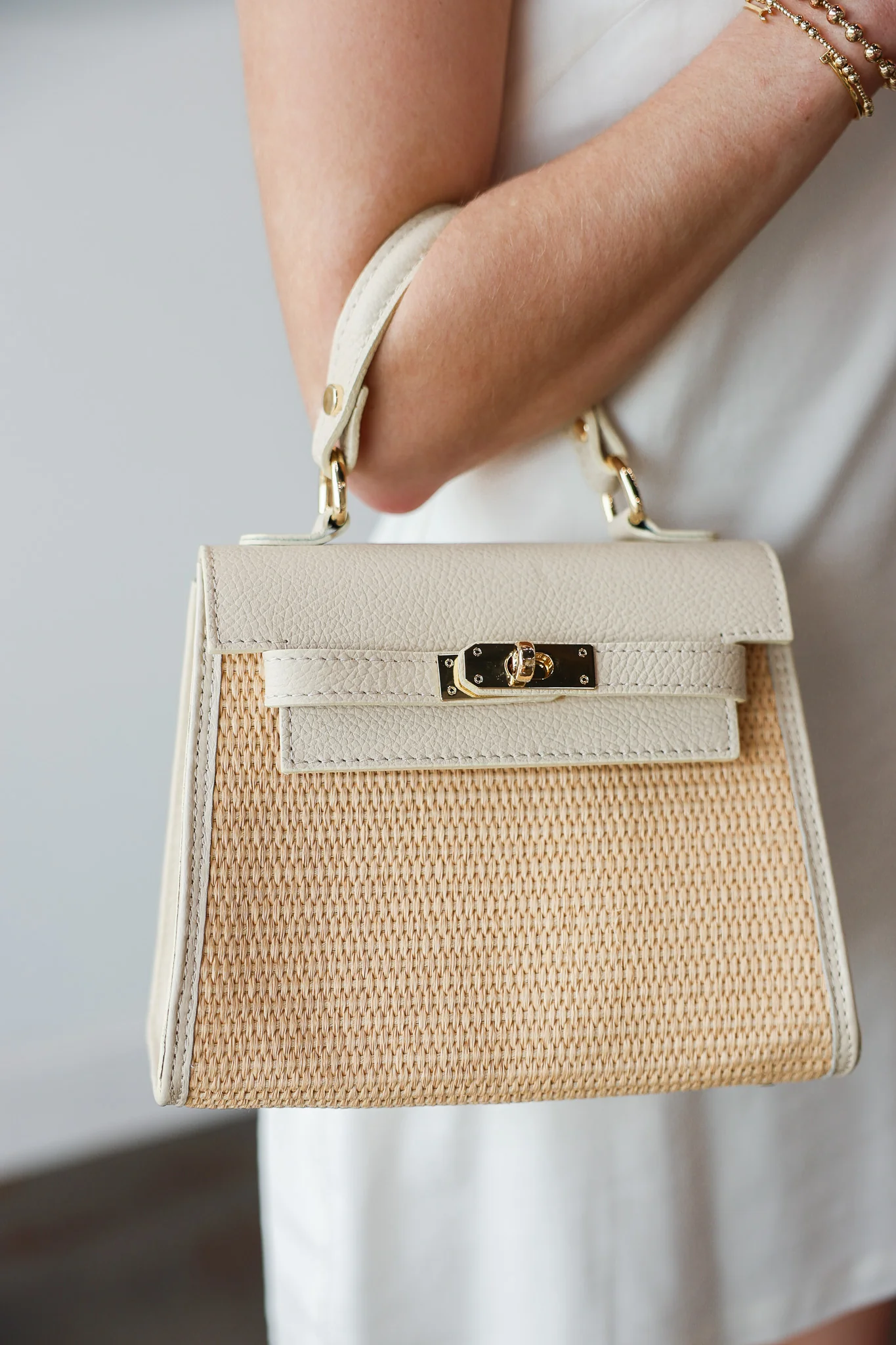 Raffia + Genuine Italian Leather Top Handle Crossbody - Image 3
