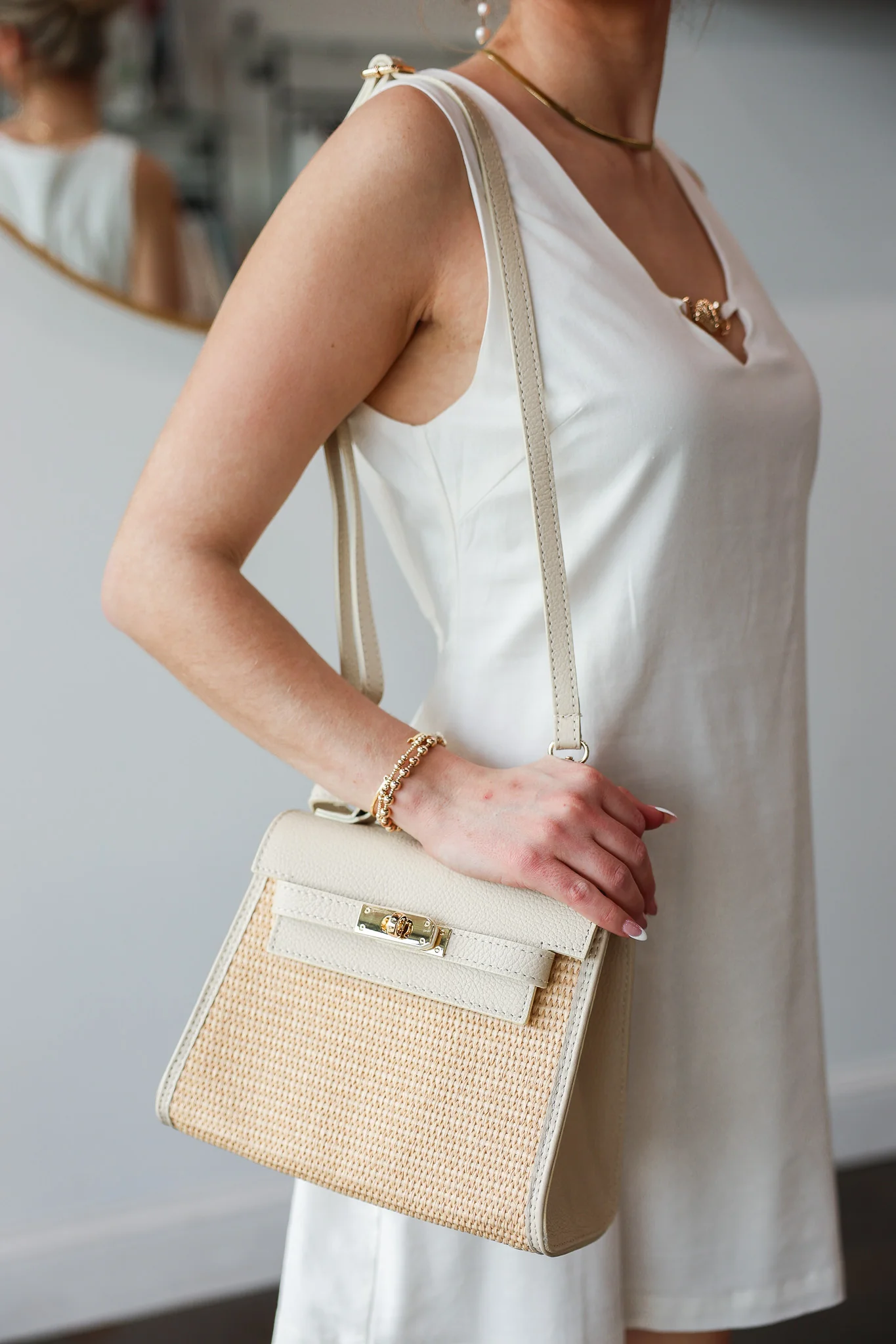 Raffia + Genuine Italian Leather Top Handle Crossbody - Image 7