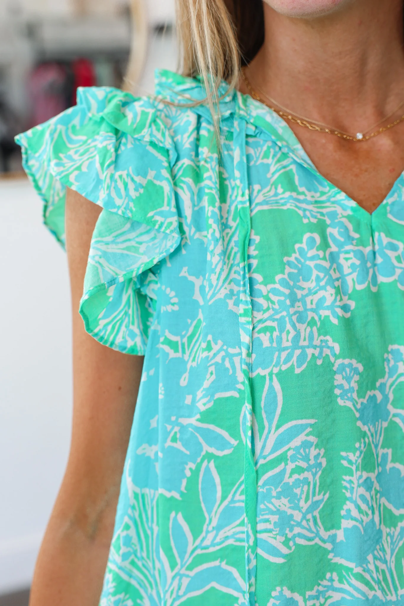Ruffle Collar Floral Top - Green - Image 6