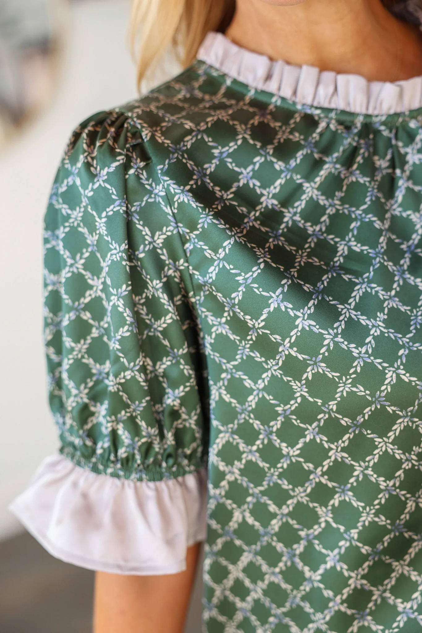 Ruffle Detail Printed Top - Olive - Image 6
