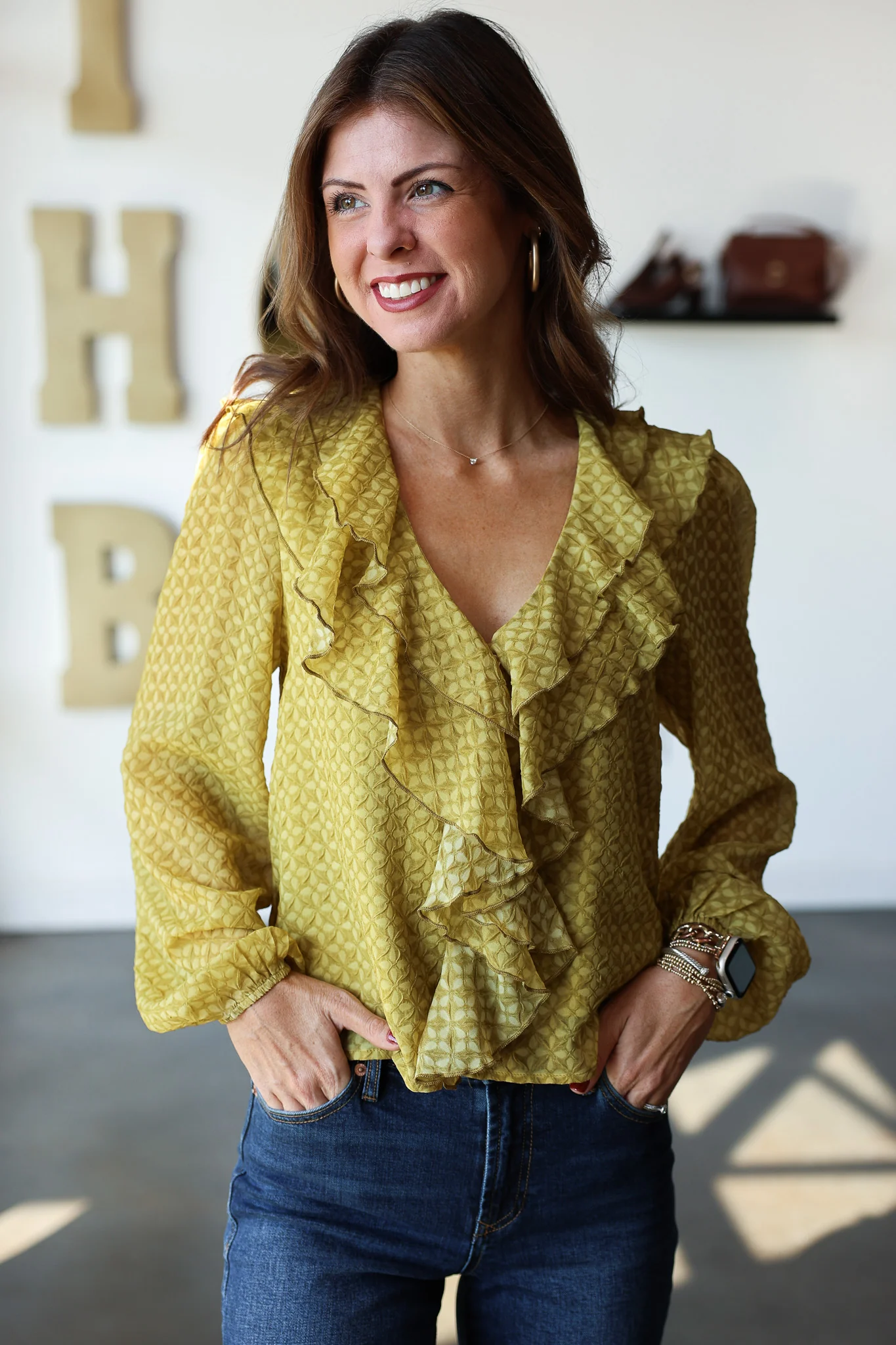 Ruffle Neck Blouse - Olive - Image 2