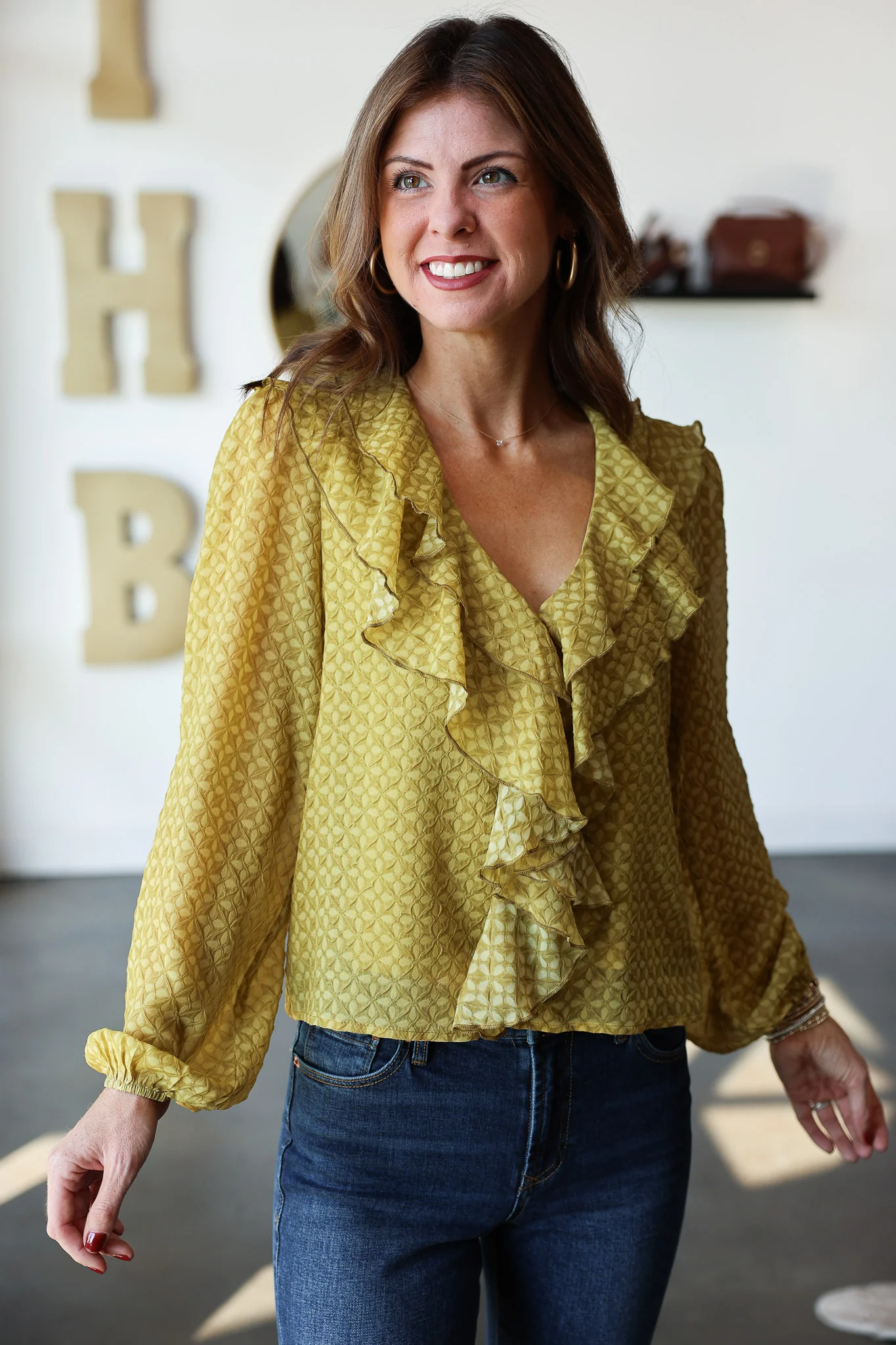 Ruffle Neck Blouse - Olive - Image 3