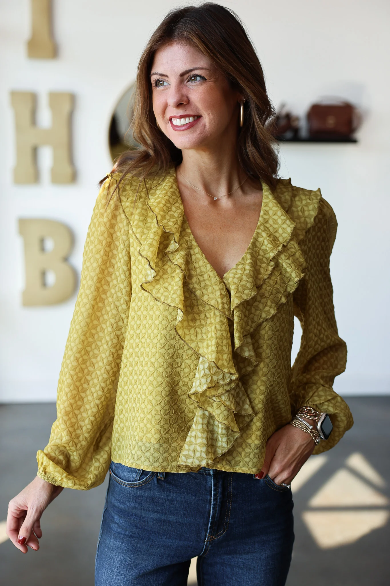Ruffle Neck Blouse - Olive - Image 4