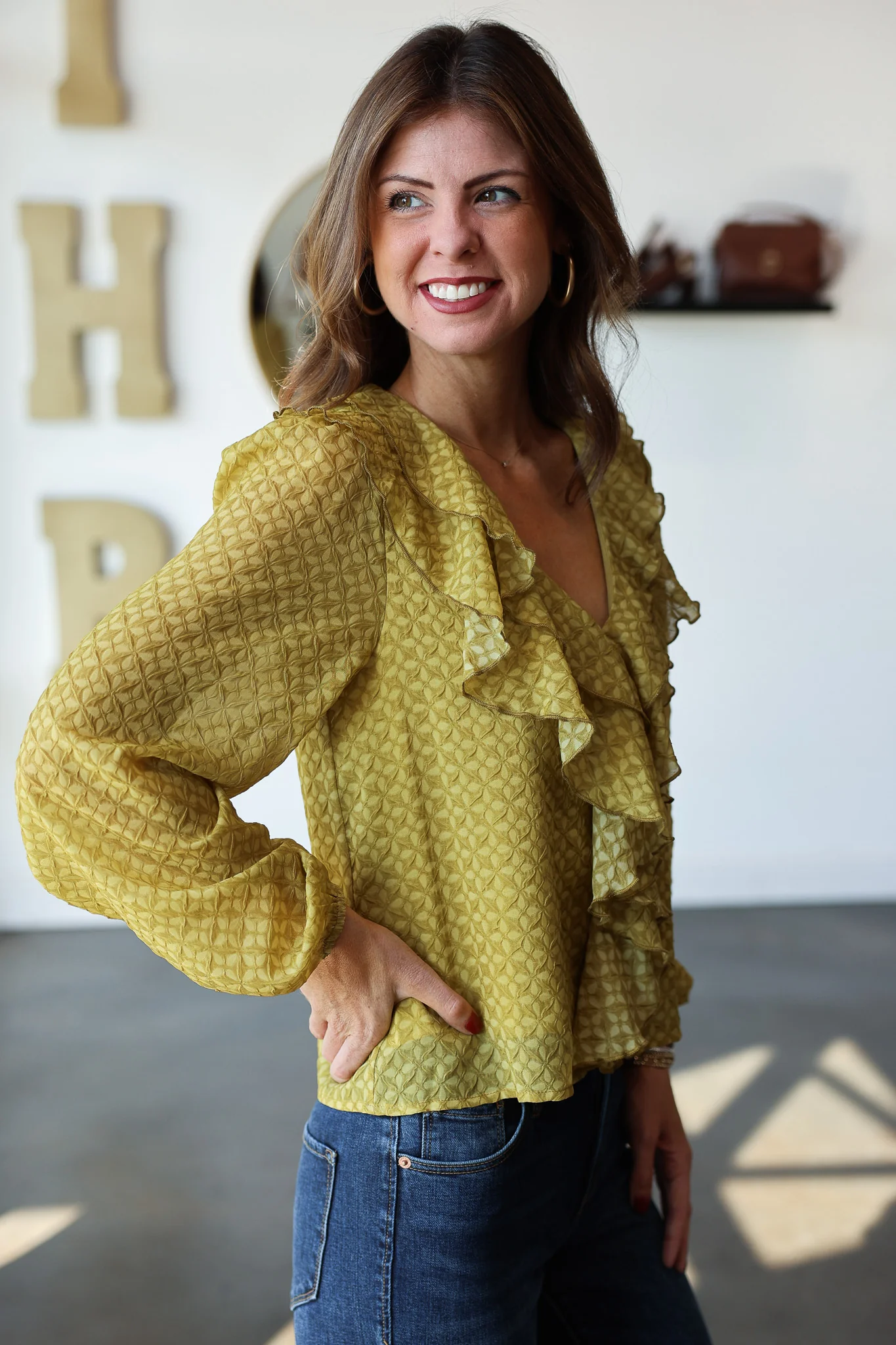 Ruffle Neck Blouse - Olive - Image 6