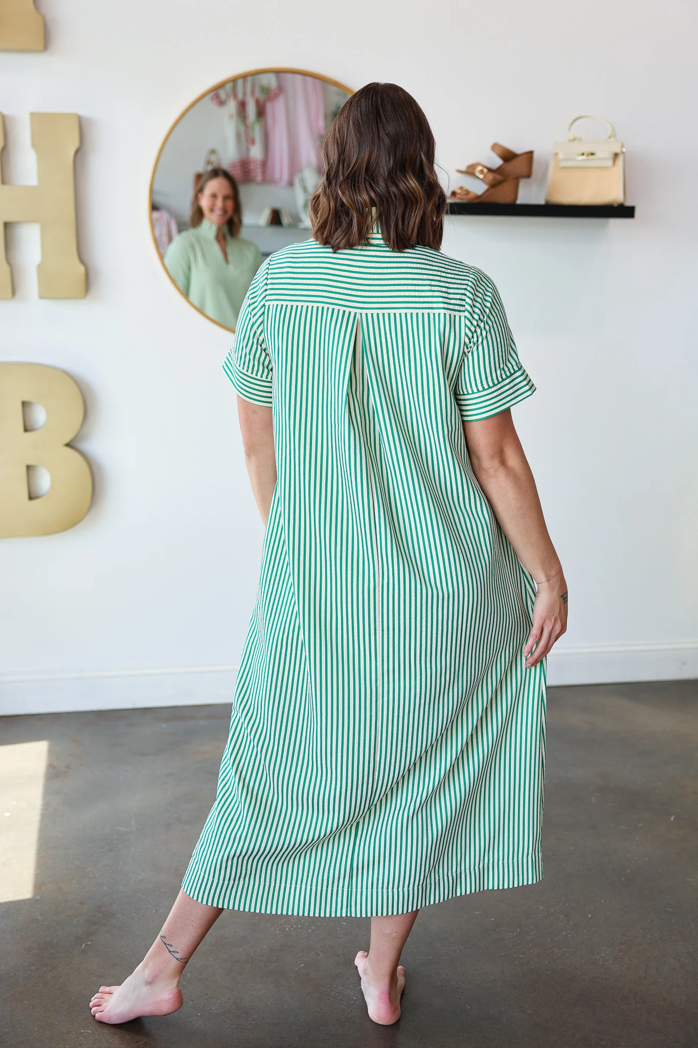 Ruffle Neck Striped Dress - Green - Image 7