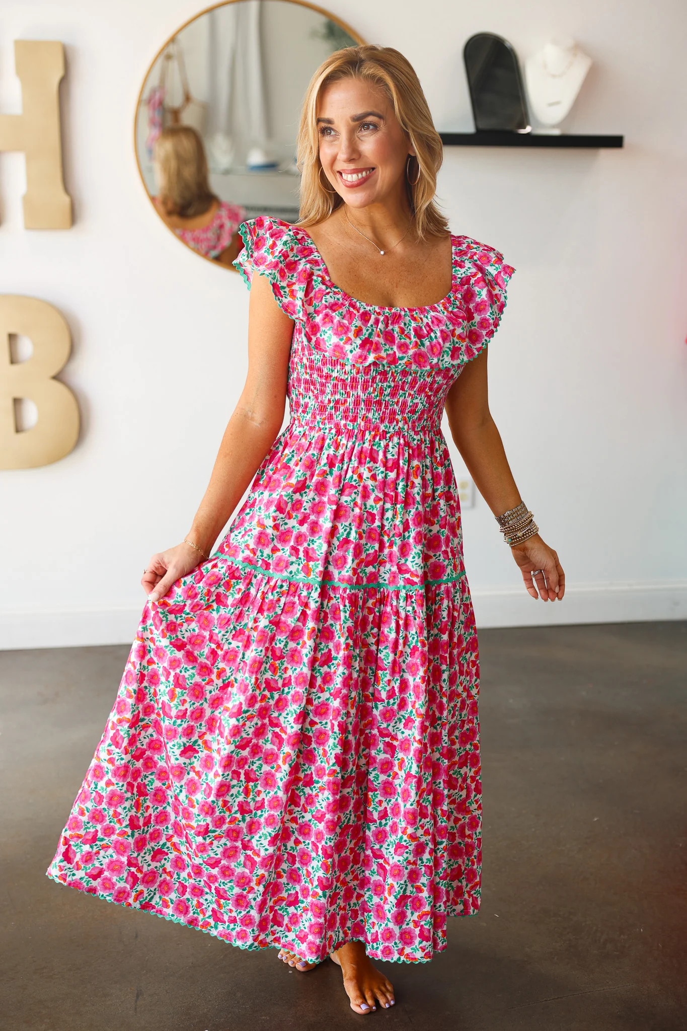 Ruffle Shoulder Floral Dress - Pink - Image 4