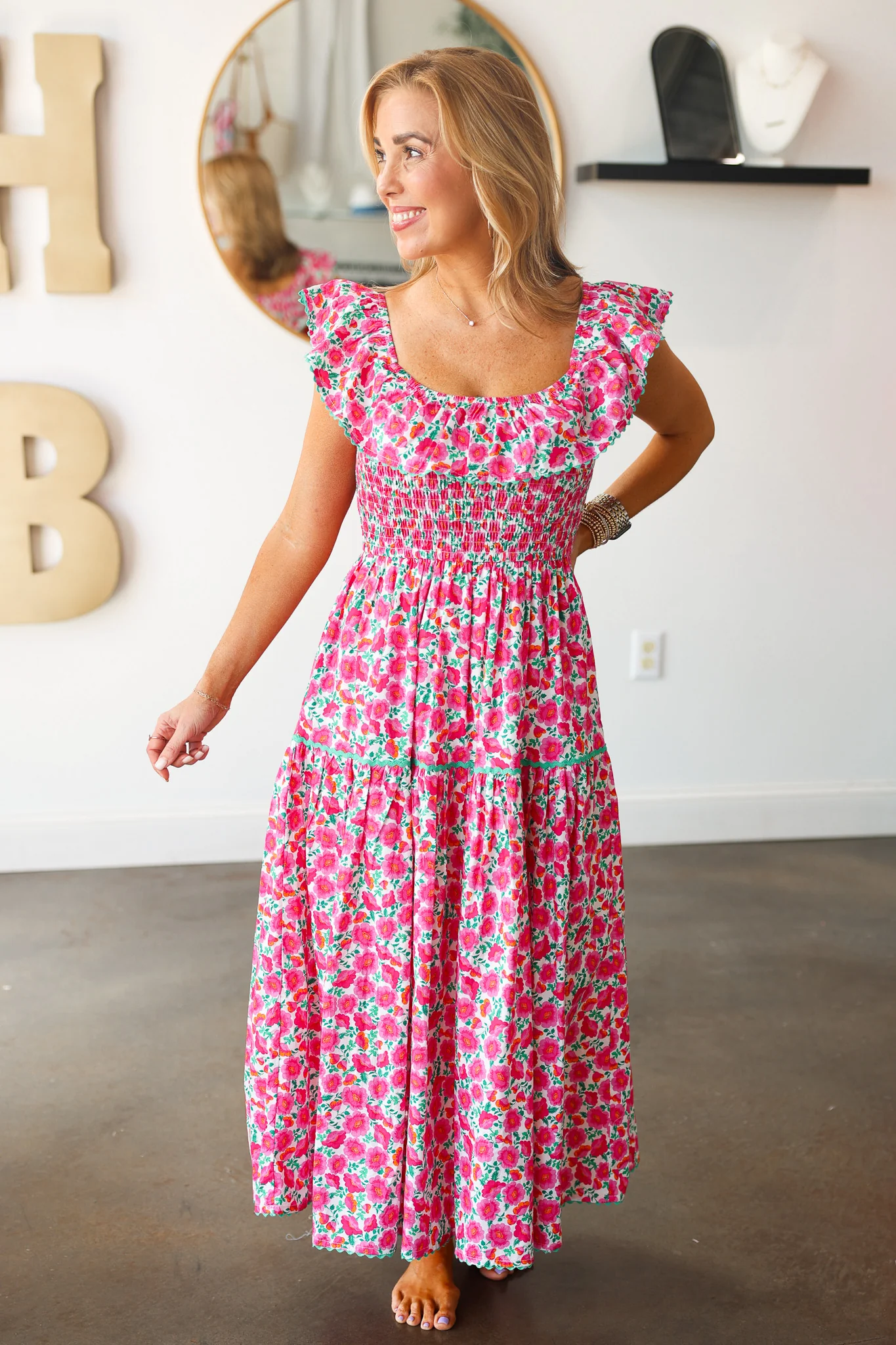 Ruffle Shoulder Floral Dress - Pink - Image 5