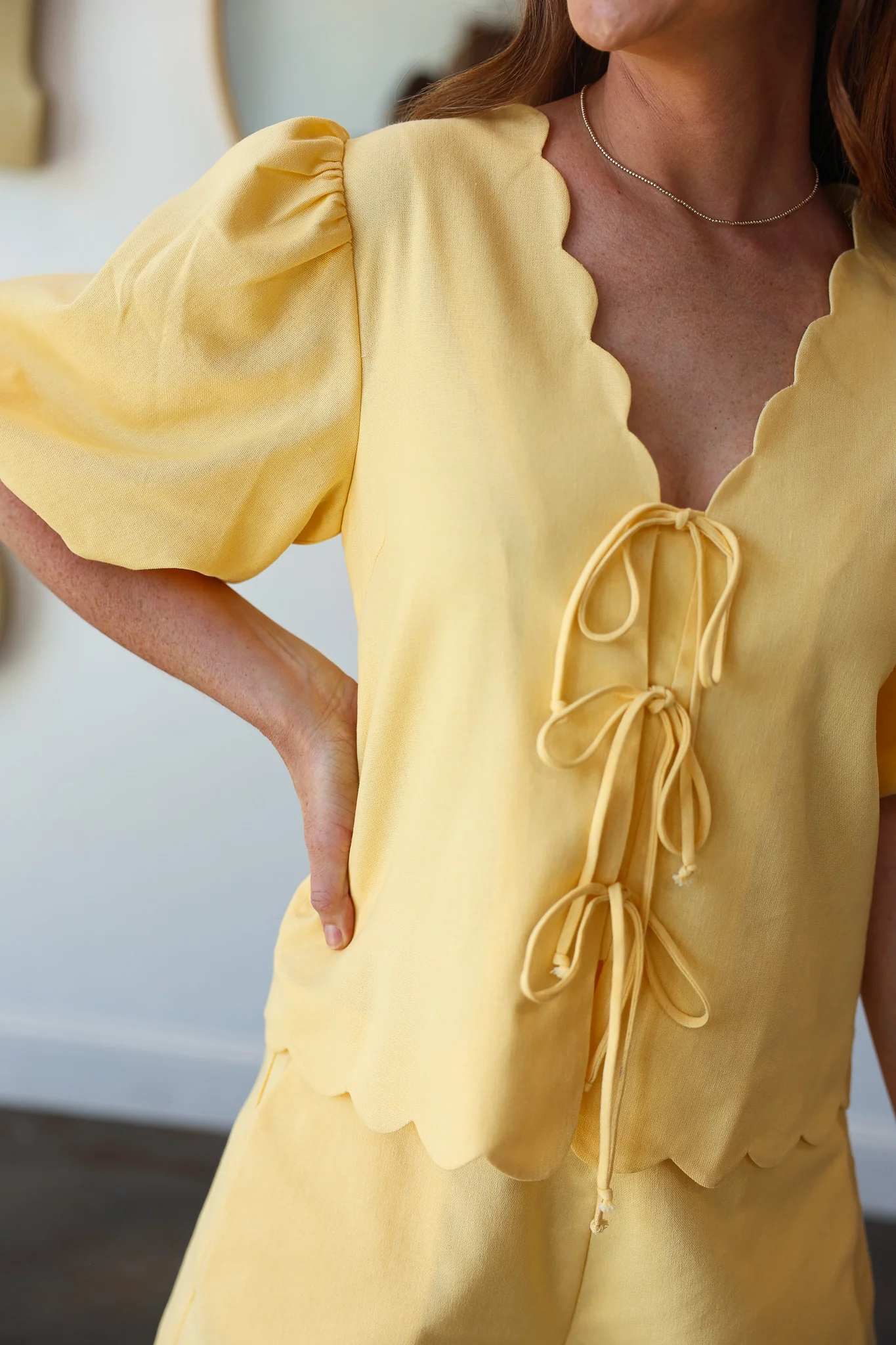 Scallop Hem Front Tie Blouse - Yellow - Image 2