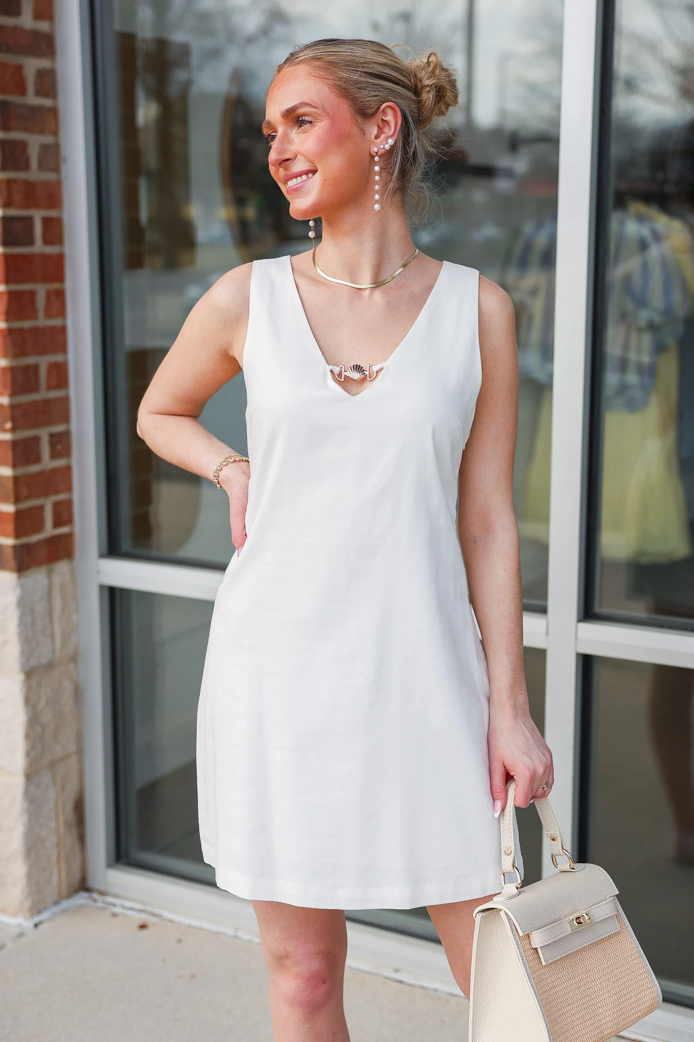 Shell Detail Linen Dress - Off White - Image 5