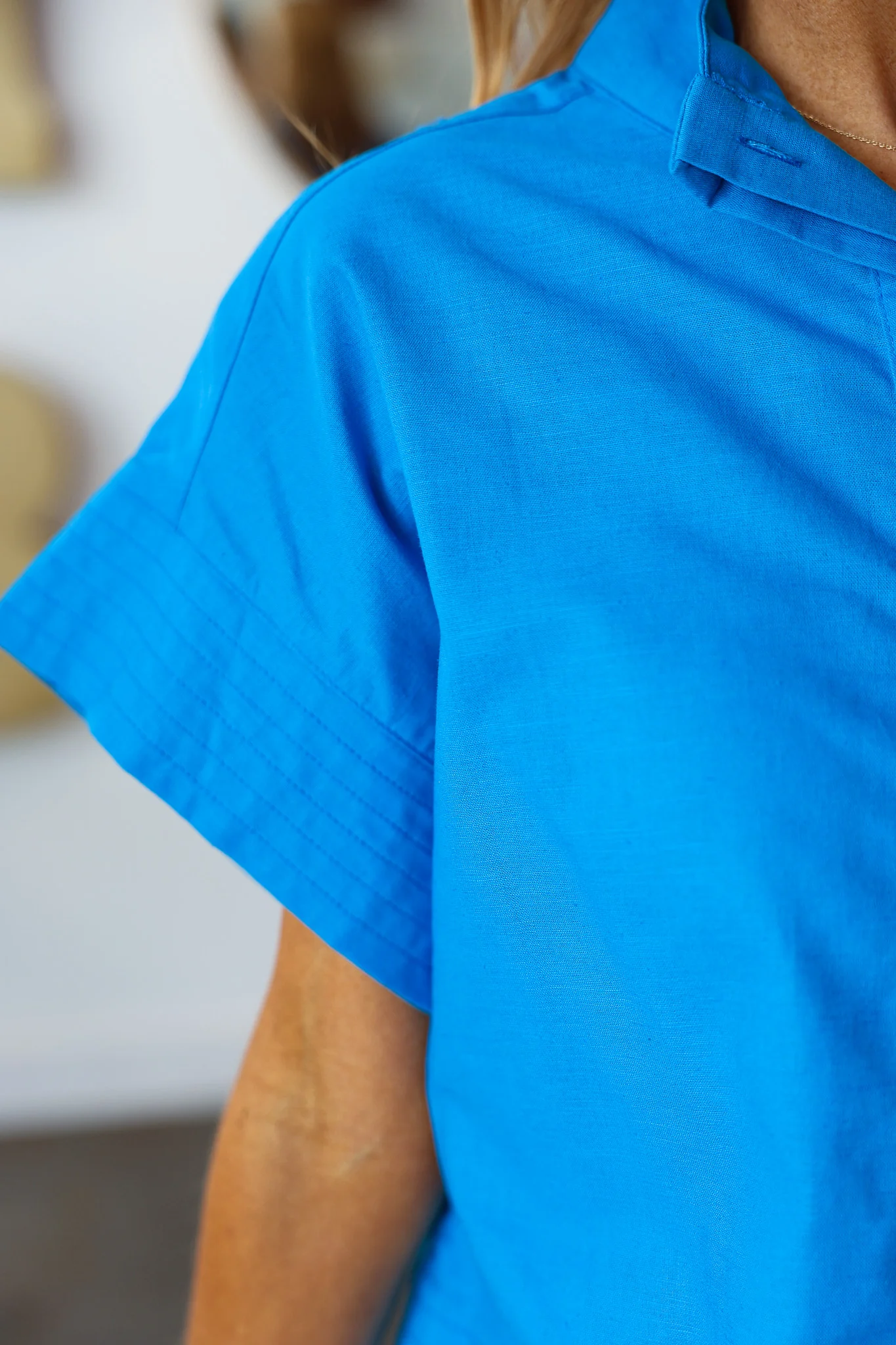 Short Sleeve Button Front Top - Ocean Blue - Image 5