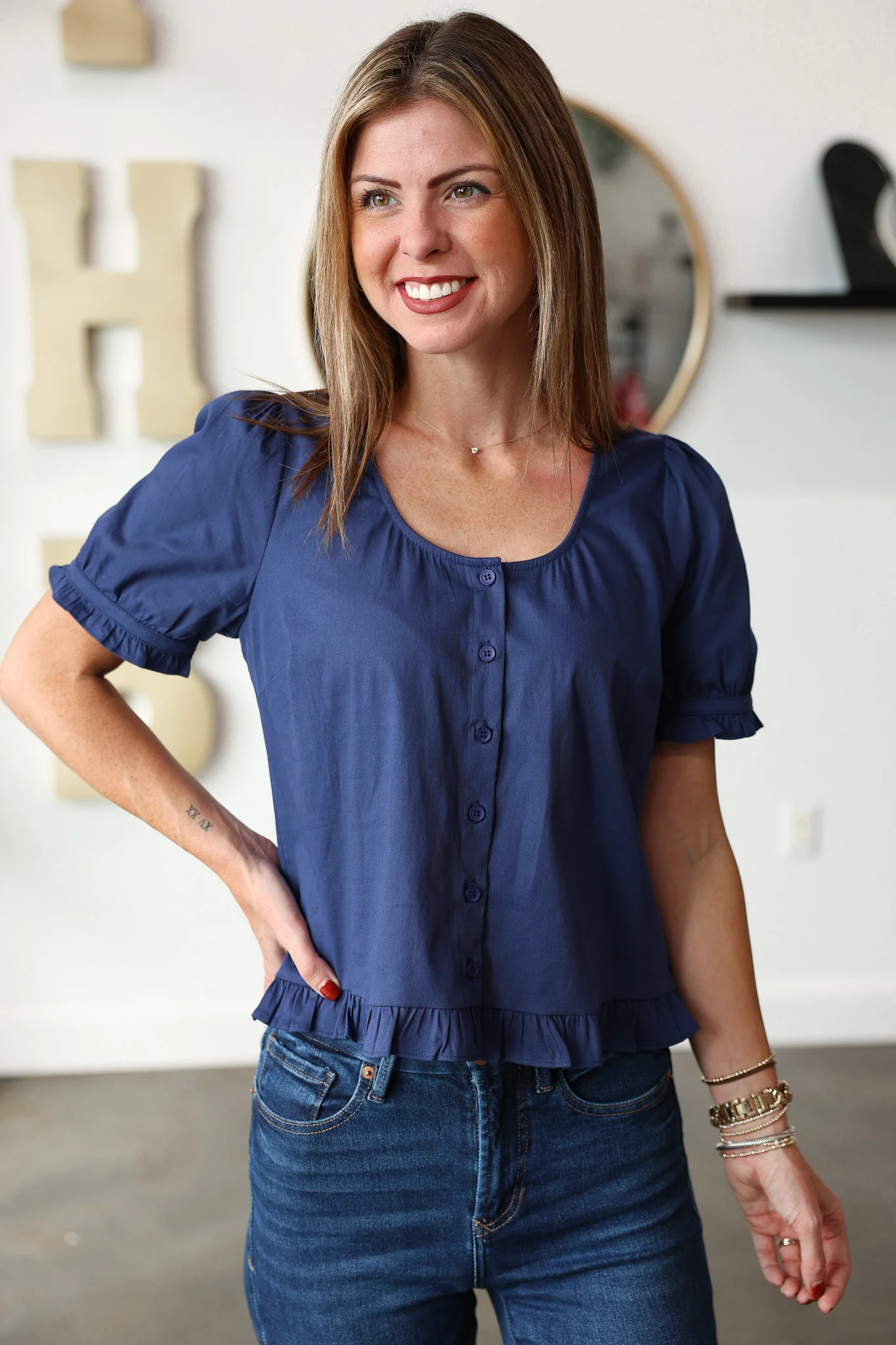 Short Sleeve Scoop Neck Top - Blue - Image 4