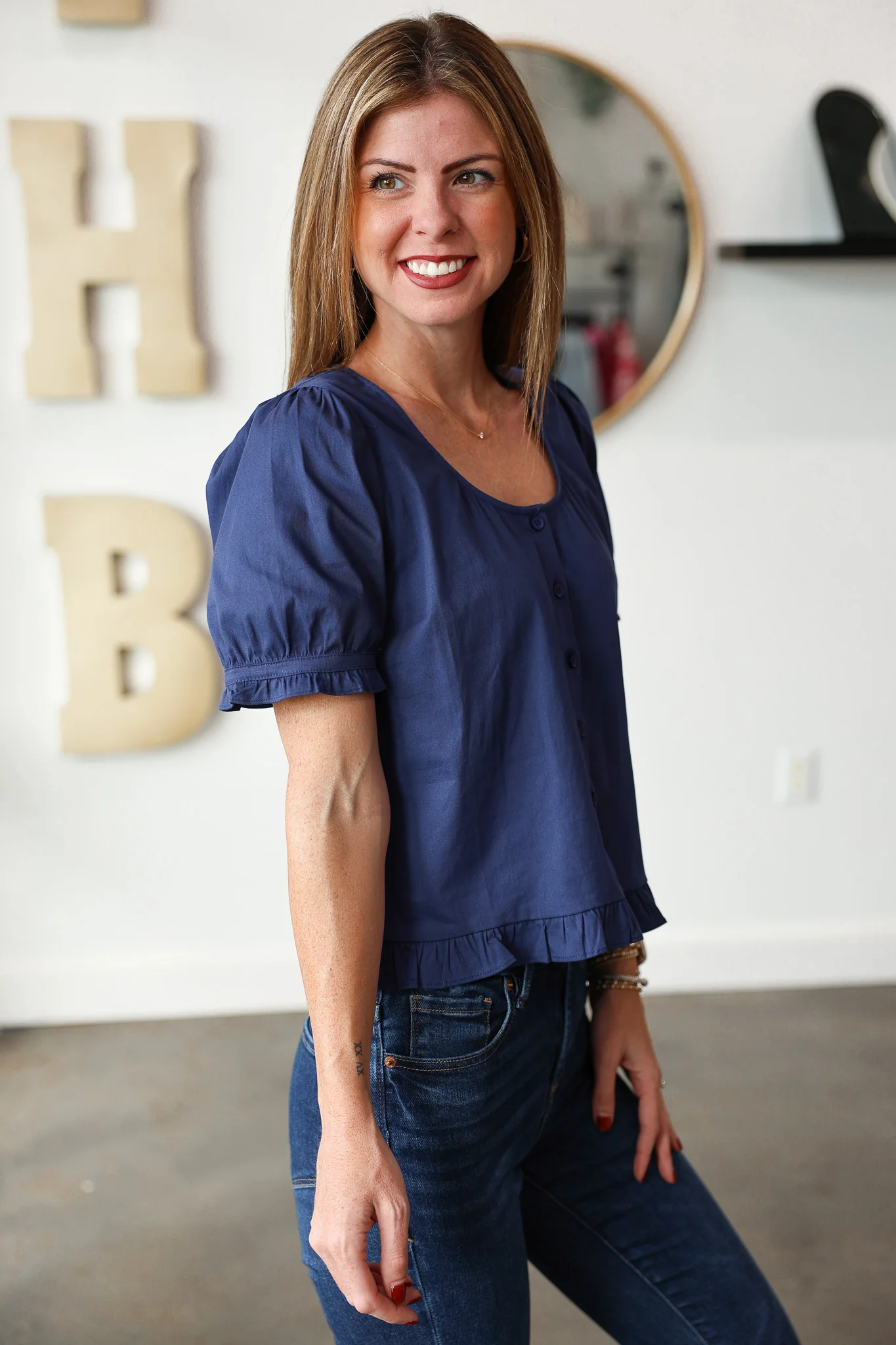 Short Sleeve Scoop Neck Top - Blue - Image 6