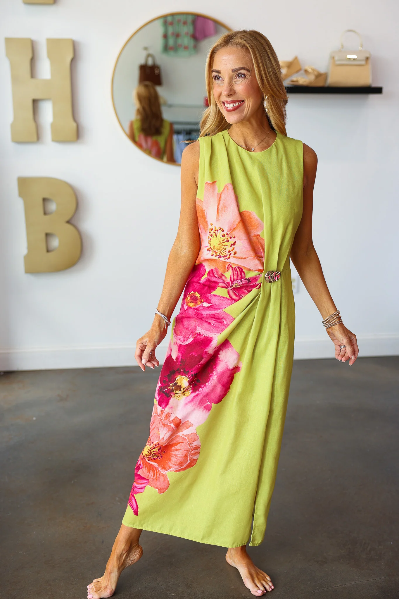 Side Cinch Floral Dress - Chartreuse - Image 5