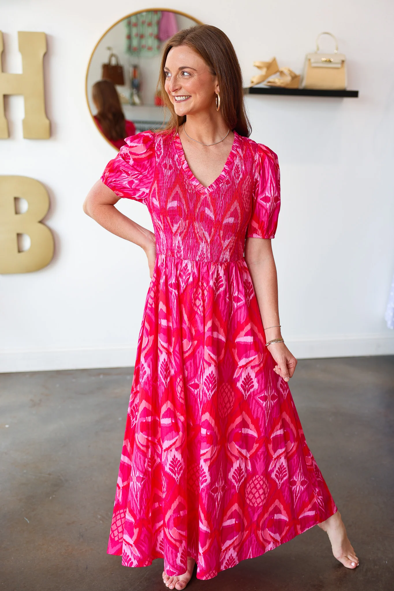 Smocked Body Abstract Dress - Pink - Image 4