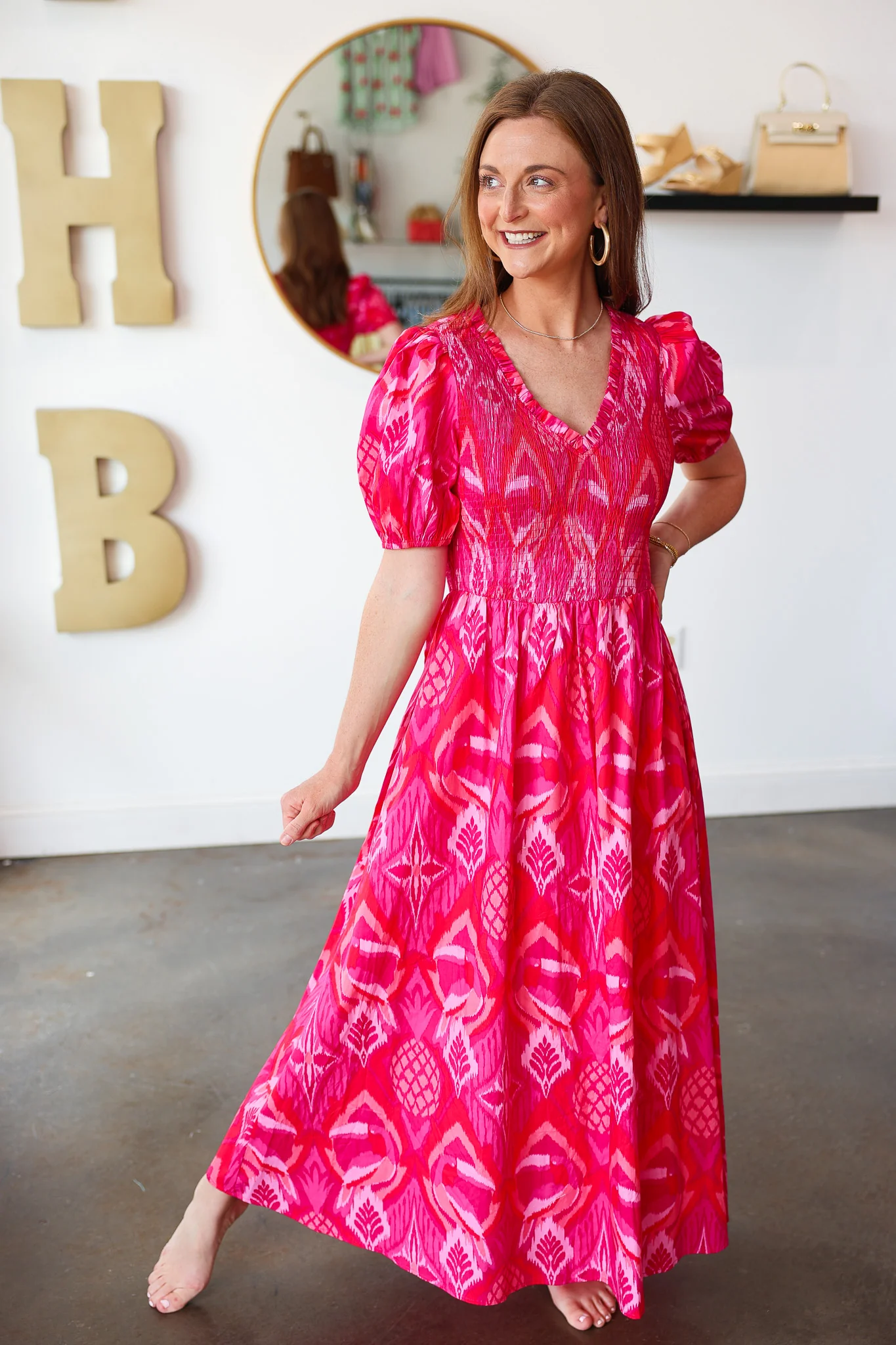 Smocked Body Abstract Dress - Pink - Image 5