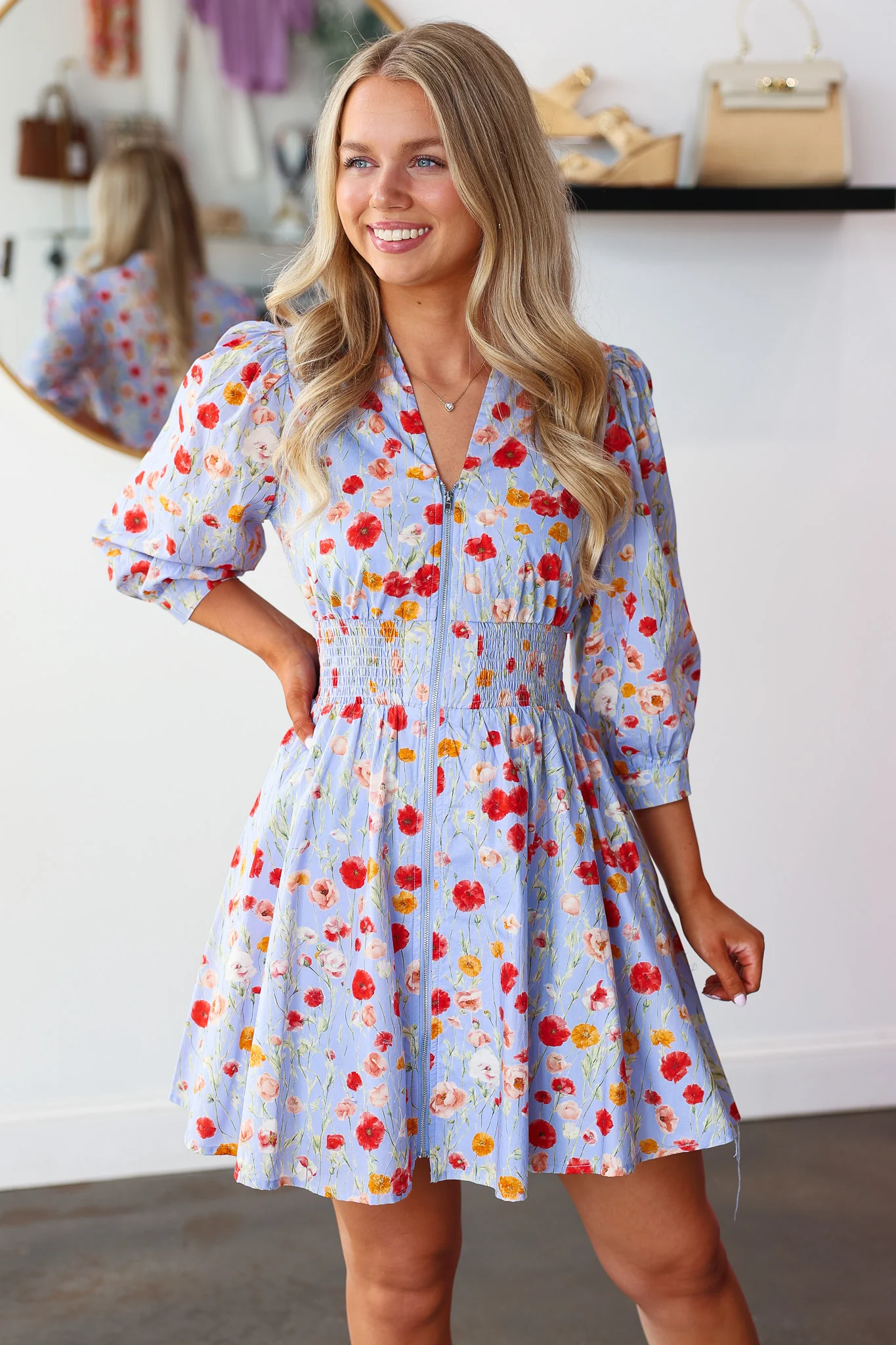 Smocked Waist Floral Dress - Blue