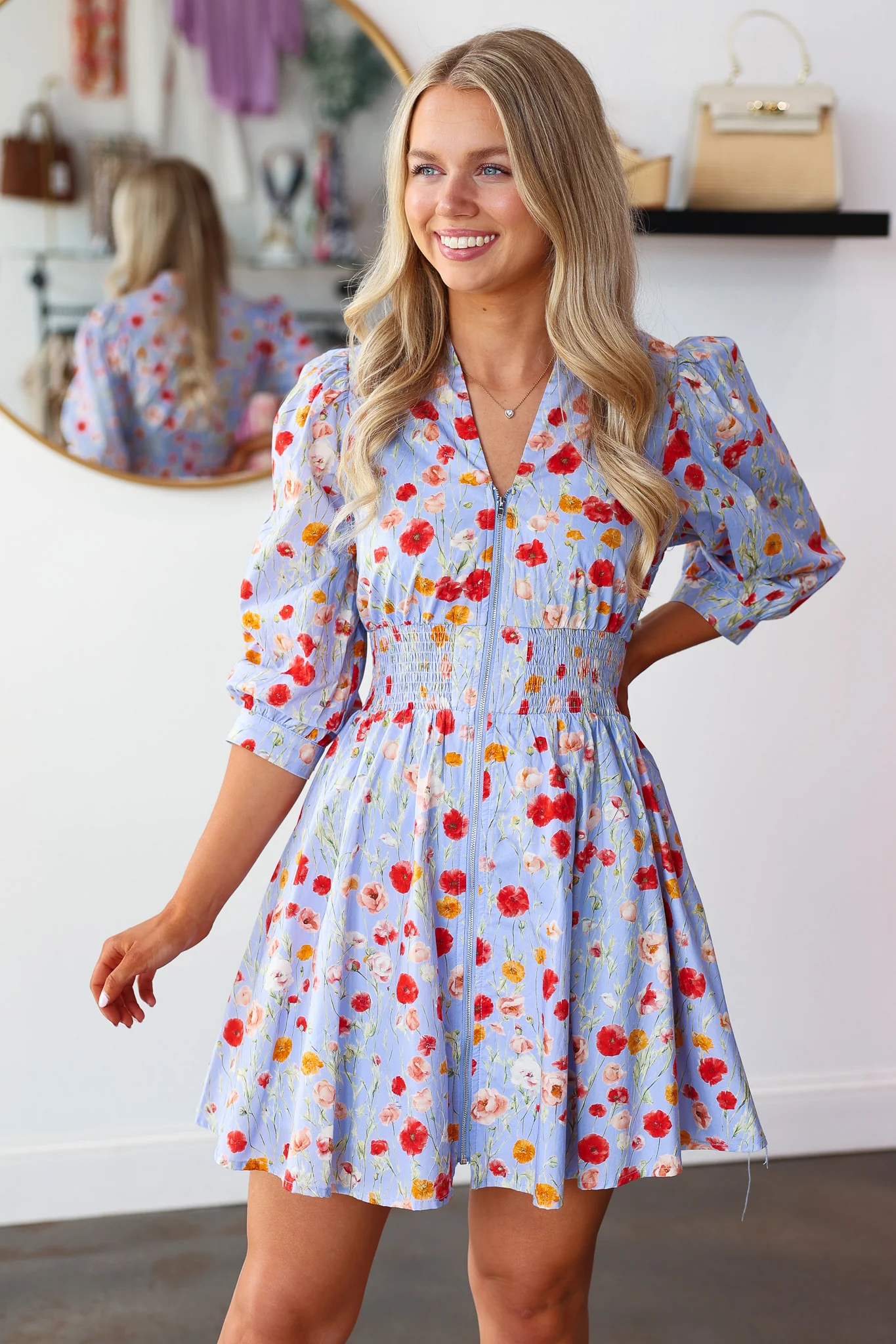 Smocked Waist Floral Dress - Blue - Image 2