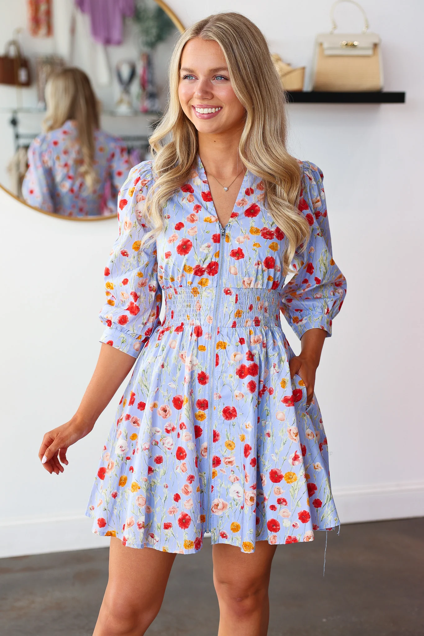 Smocked Waist Floral Dress - Blue - Image 3