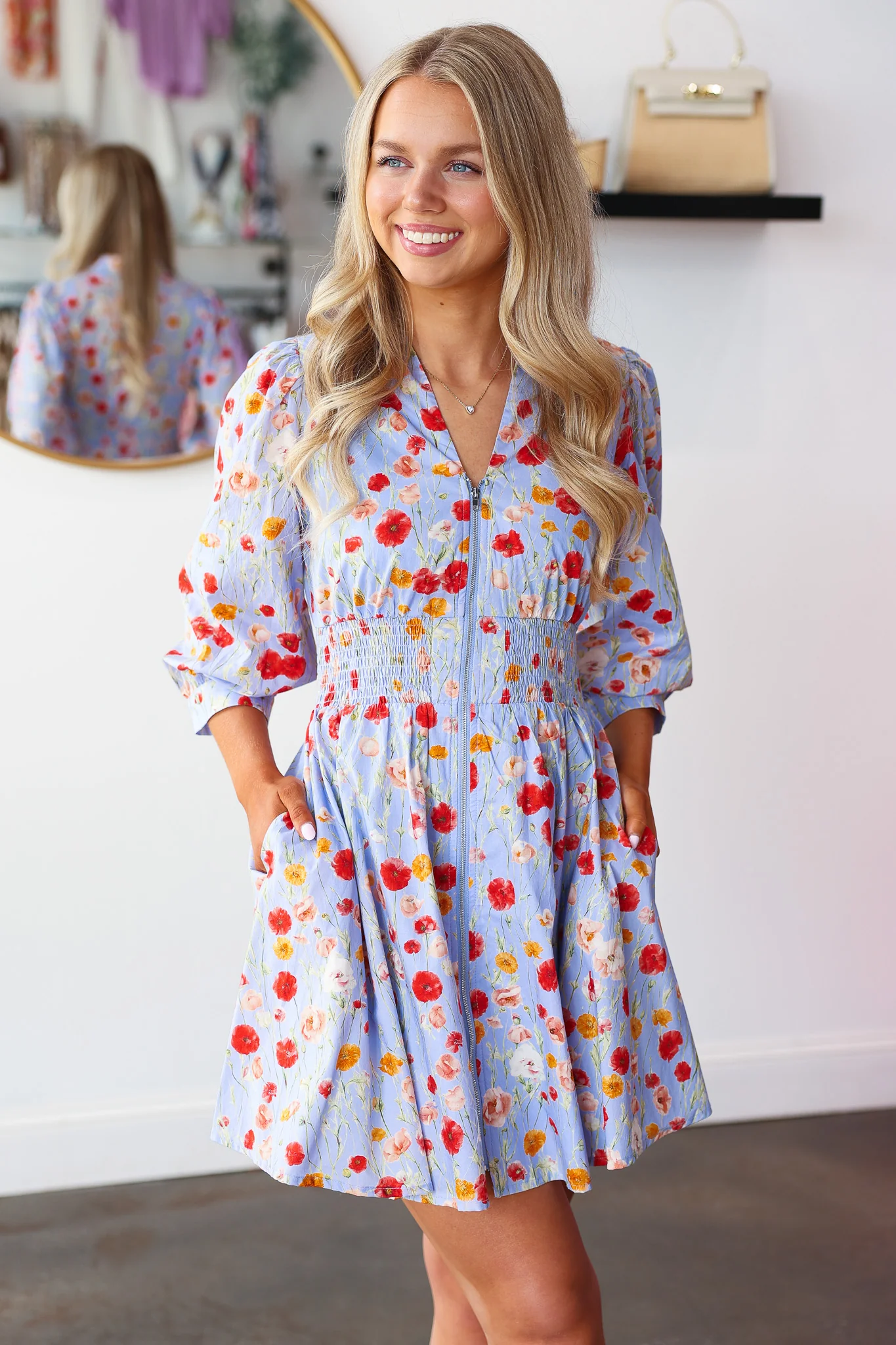 Smocked Waist Floral Dress - Blue - Image 4