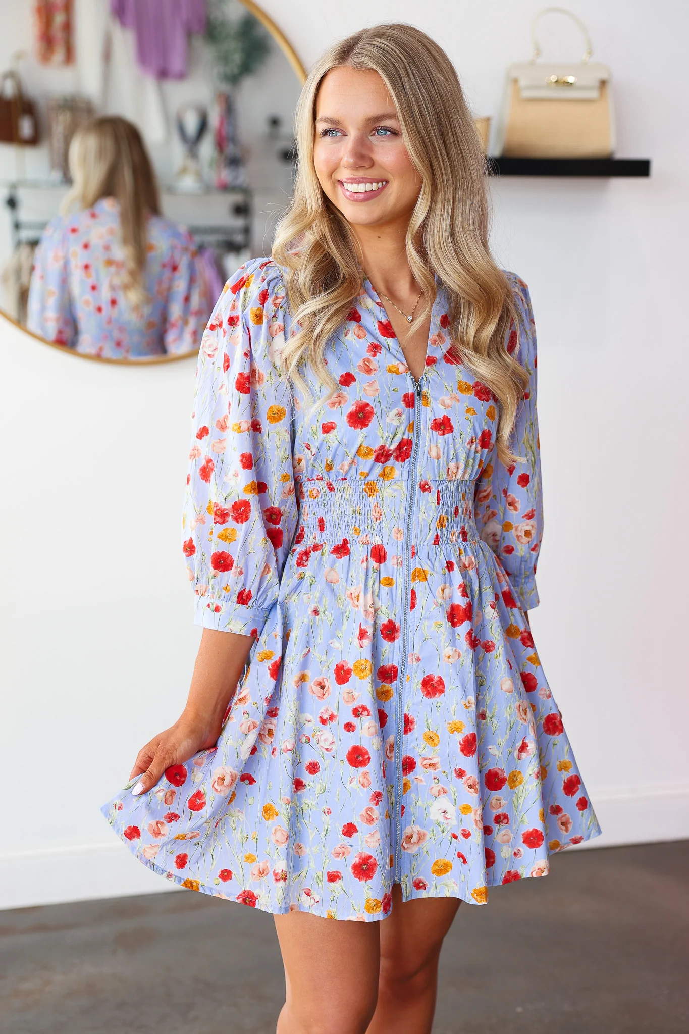 Smocked Waist Floral Dress - Blue - Image 5
